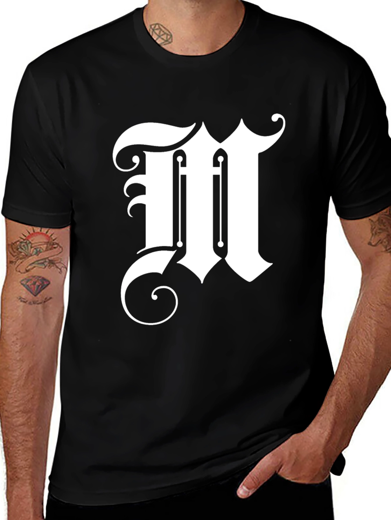 Elegant Letter M Graphic Tee - Black