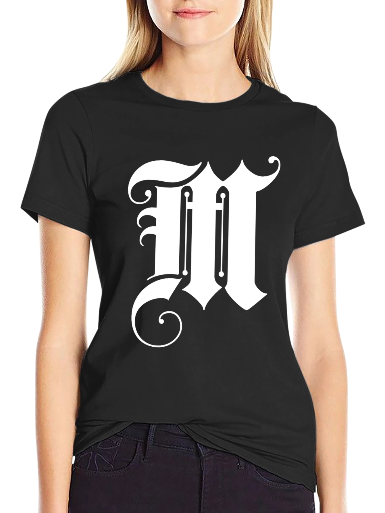 Elegant Letter M Graphic Tee - Black