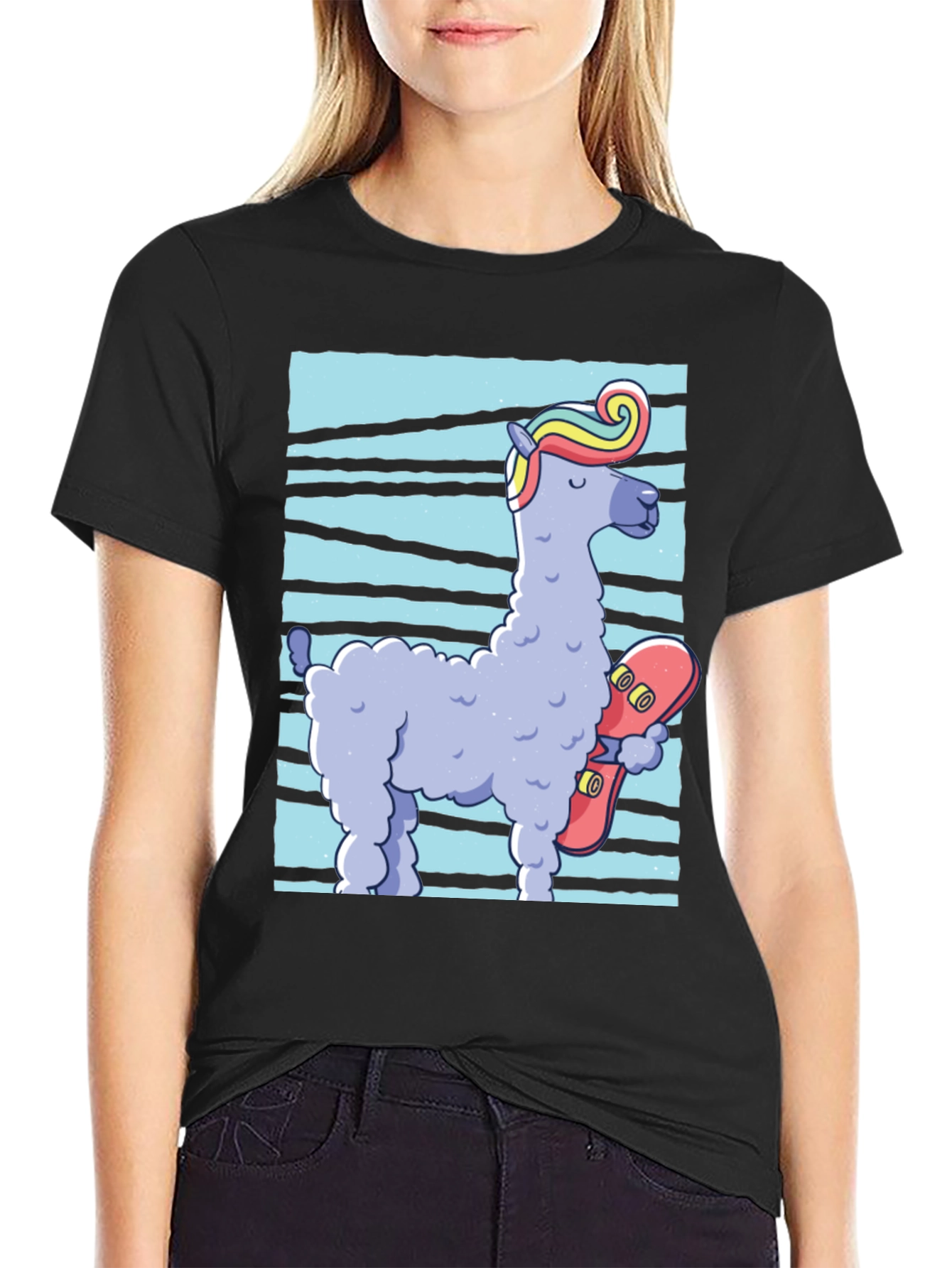 Llama Skateboarder Graphic Tee - Black Cotton Blend