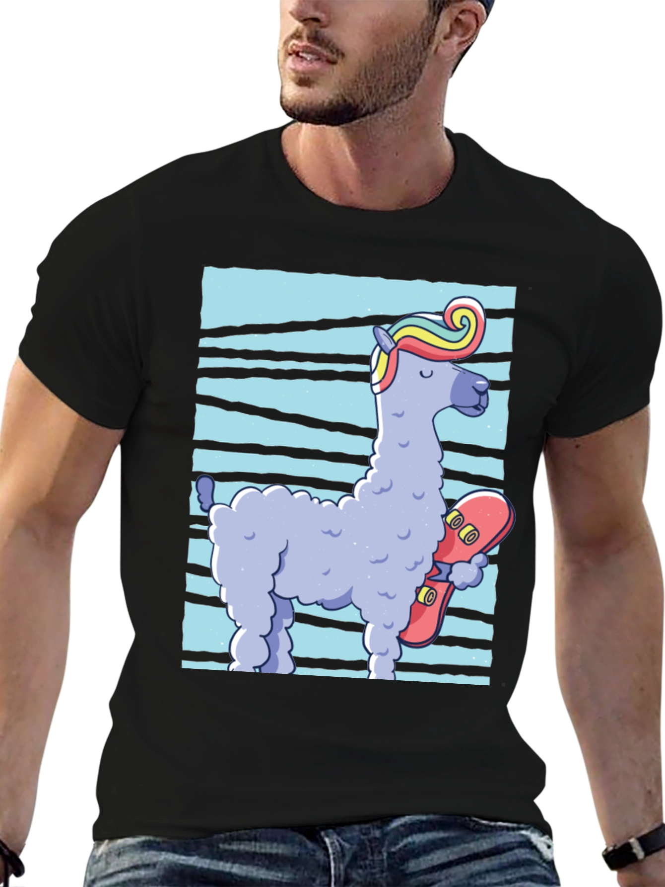 Llama Skateboarder Graphic Tee - Black Cotton Blend