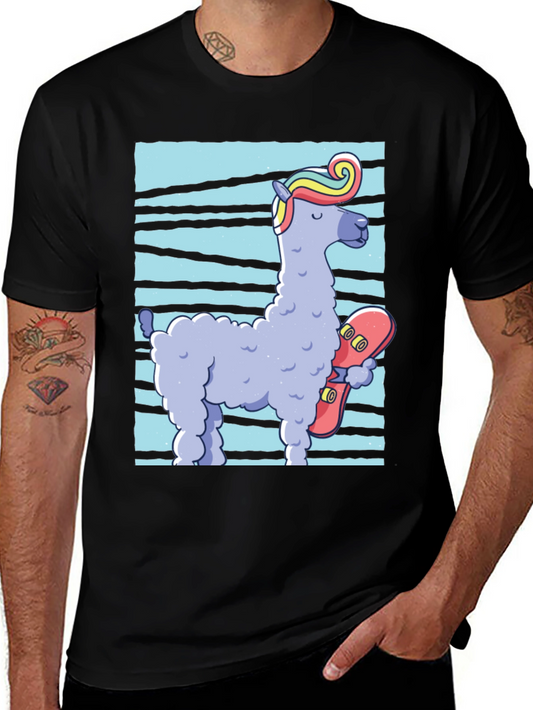 Llama Skateboarder Graphic Tee - Black Cotton Blend