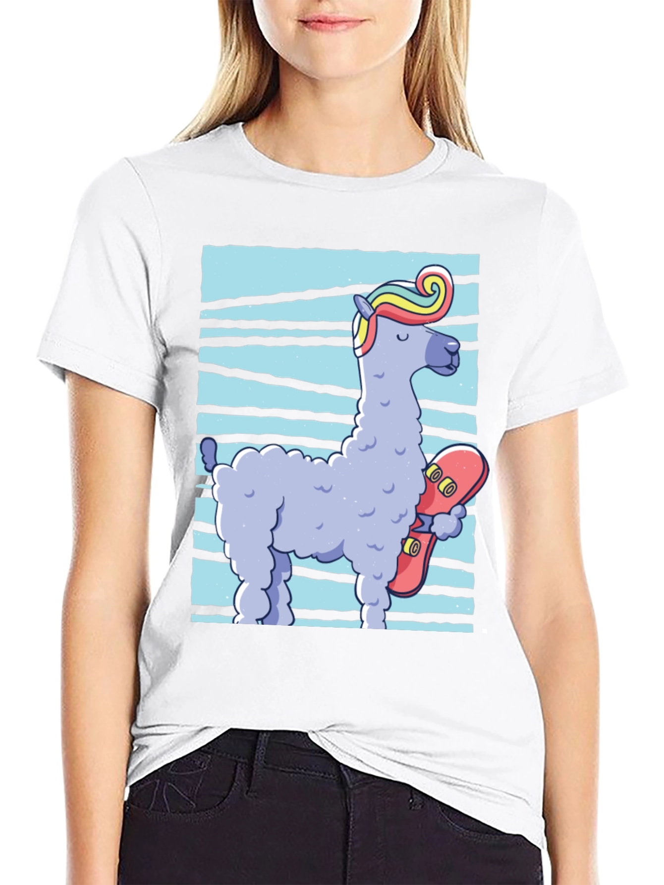 Llama Skateboarder Graphic Tee - Black Cotton Blend