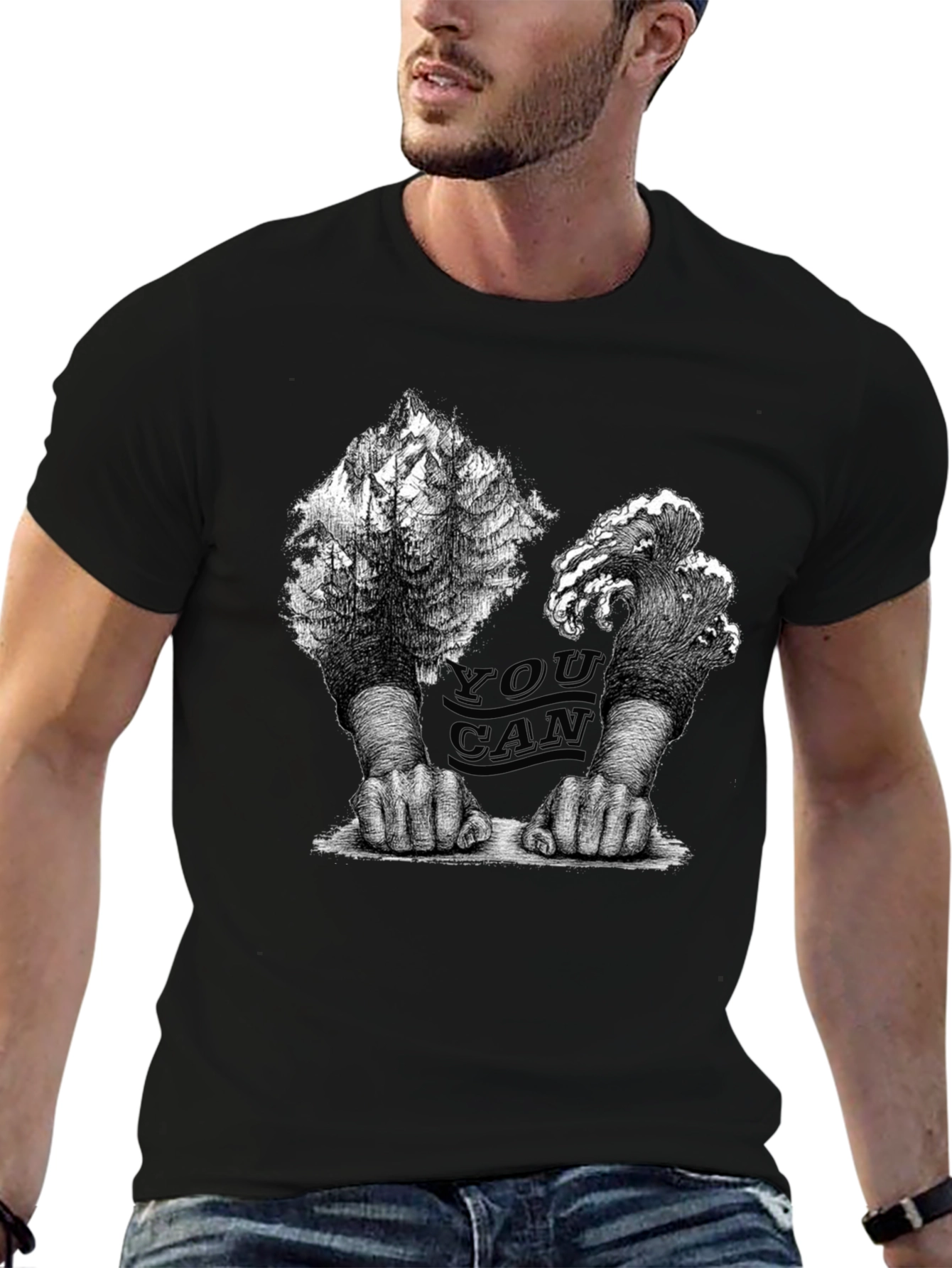 Unique Graphic Print Black Crew Neck Tee