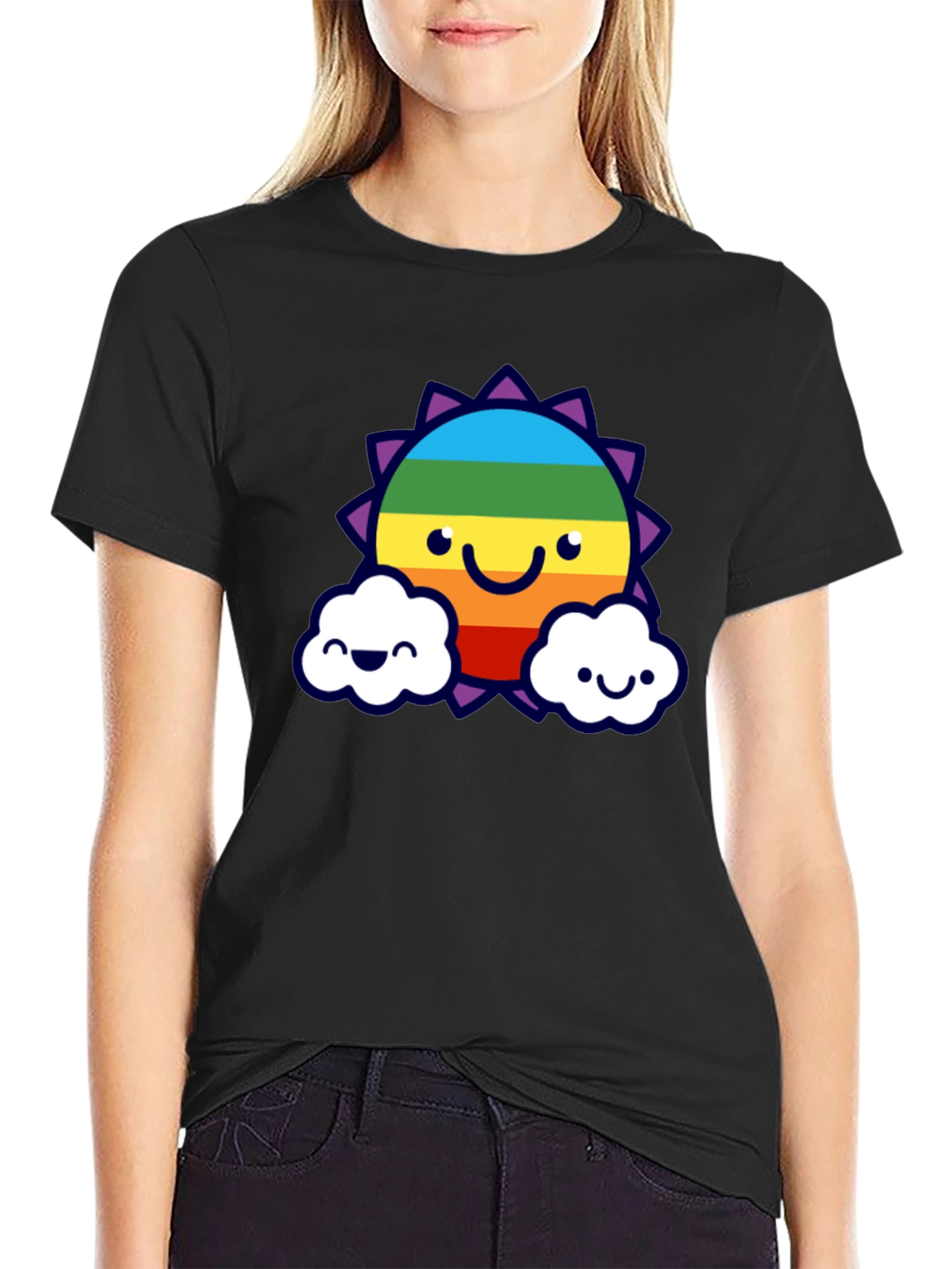 Rainbow Sun Clouds Graphic Tee - Black Cotton Blend