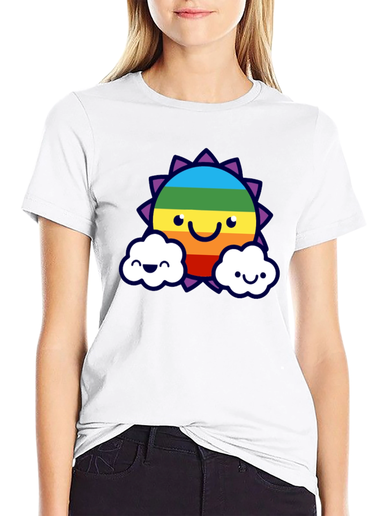 Rainbow Sun Clouds Graphic Tee - Black Cotton Blend