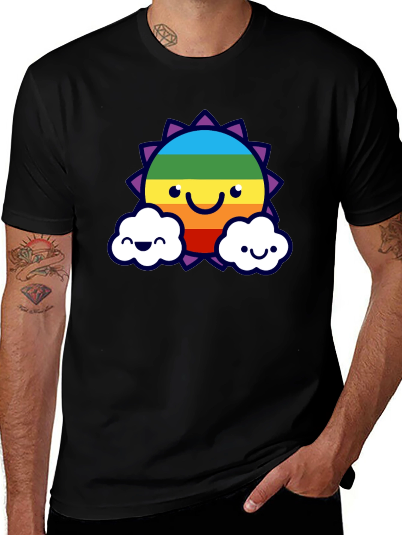 Rainbow Sun Clouds Graphic Tee - Black Cotton Blend