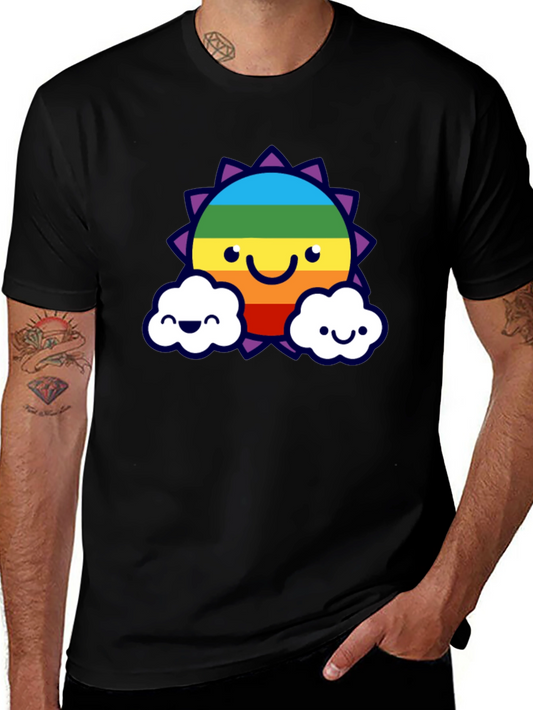Rainbow Sun Clouds Graphic Tee - Black Cotton Blend