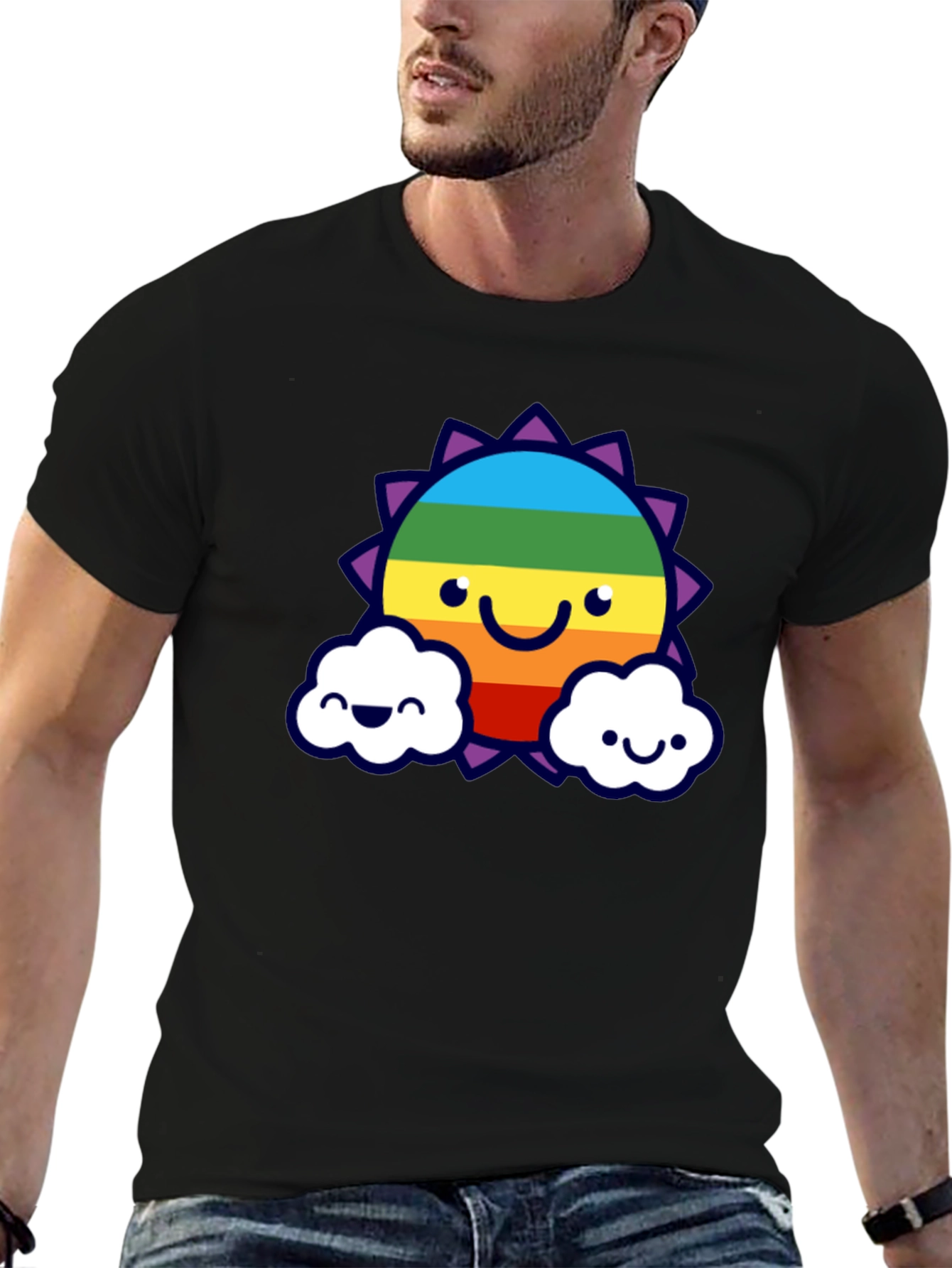 Rainbow Sun Clouds Graphic Tee - Black Cotton Blend