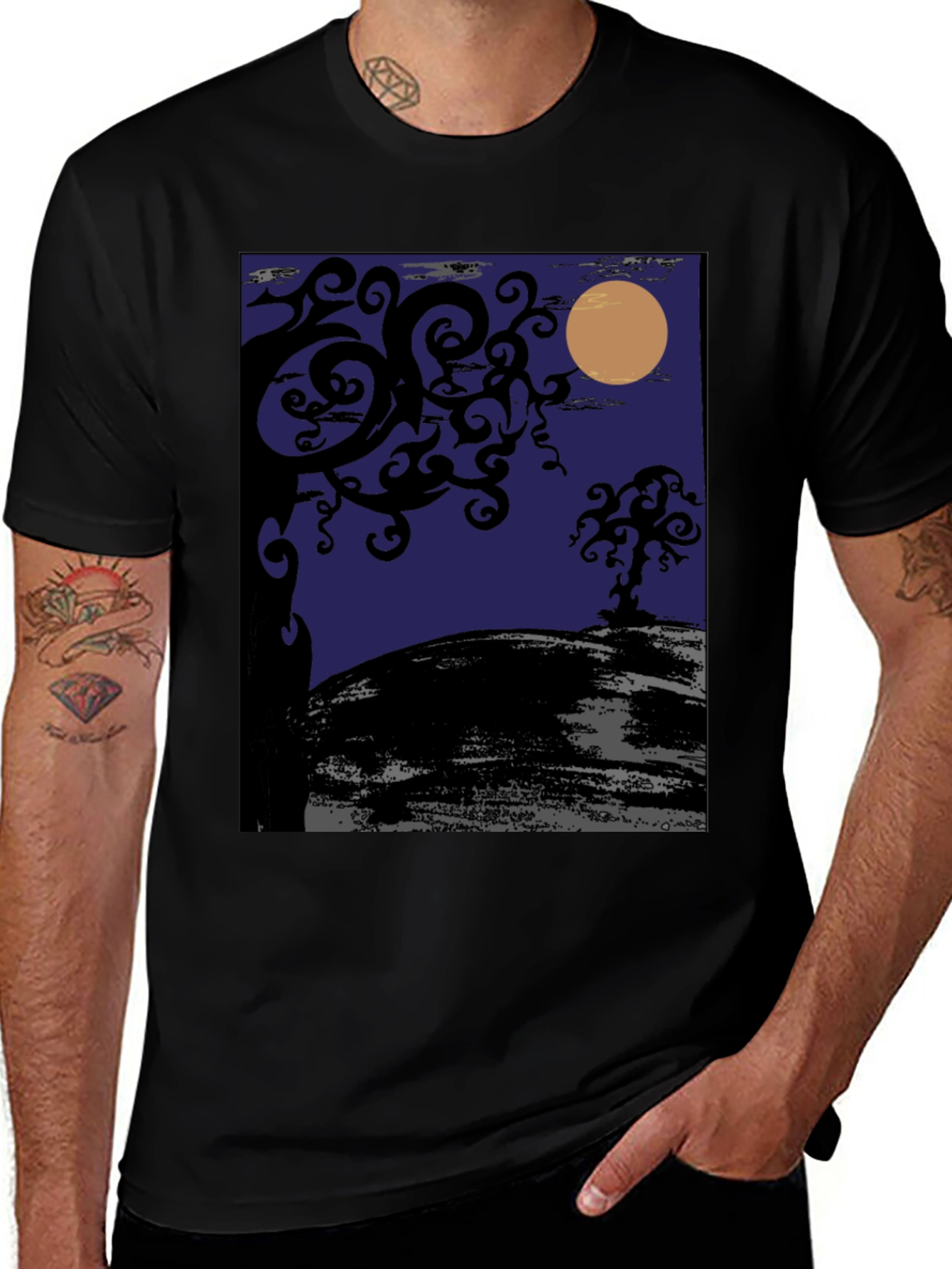 Spooky Night Tree Graphic Tee - Black Cotton