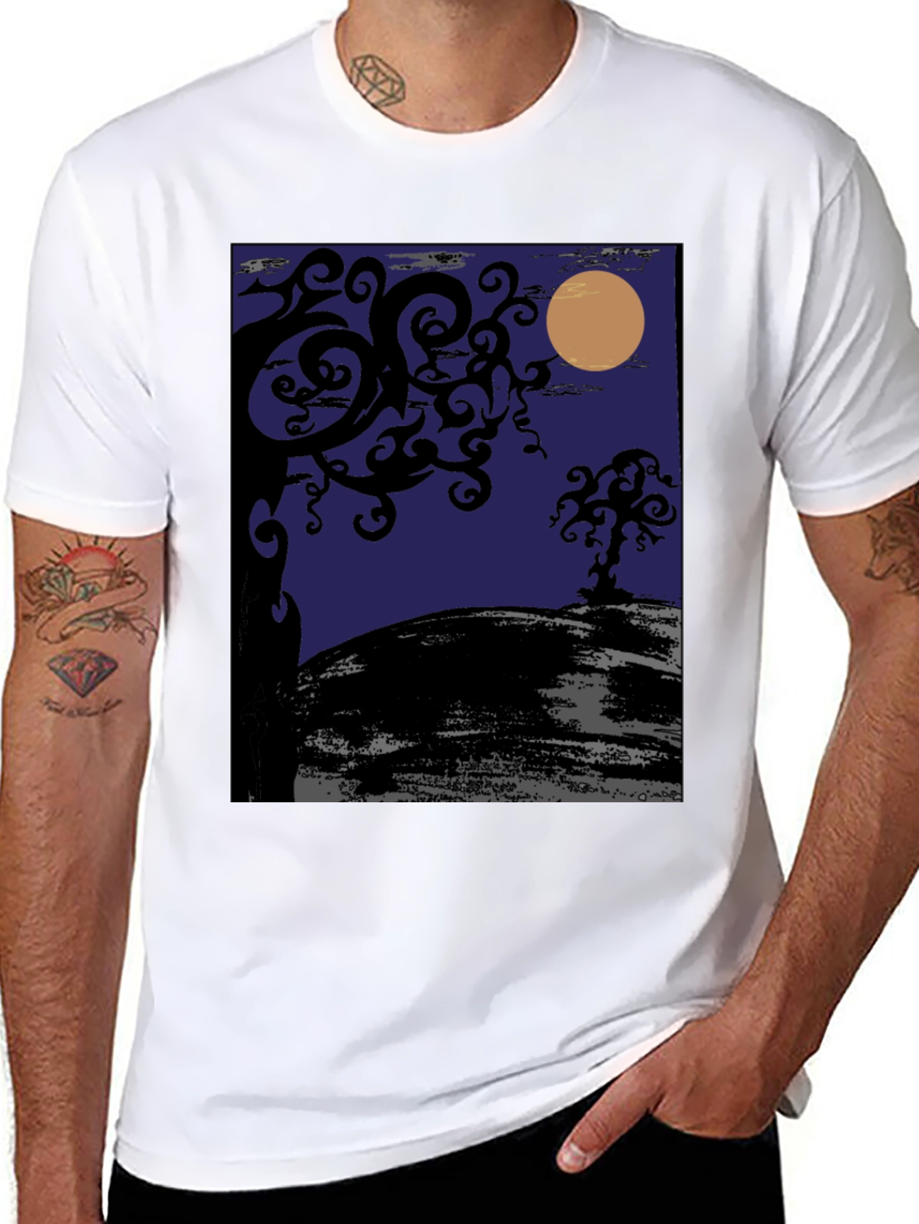 Spooky Night Tree Graphic Tee - Black Cotton
