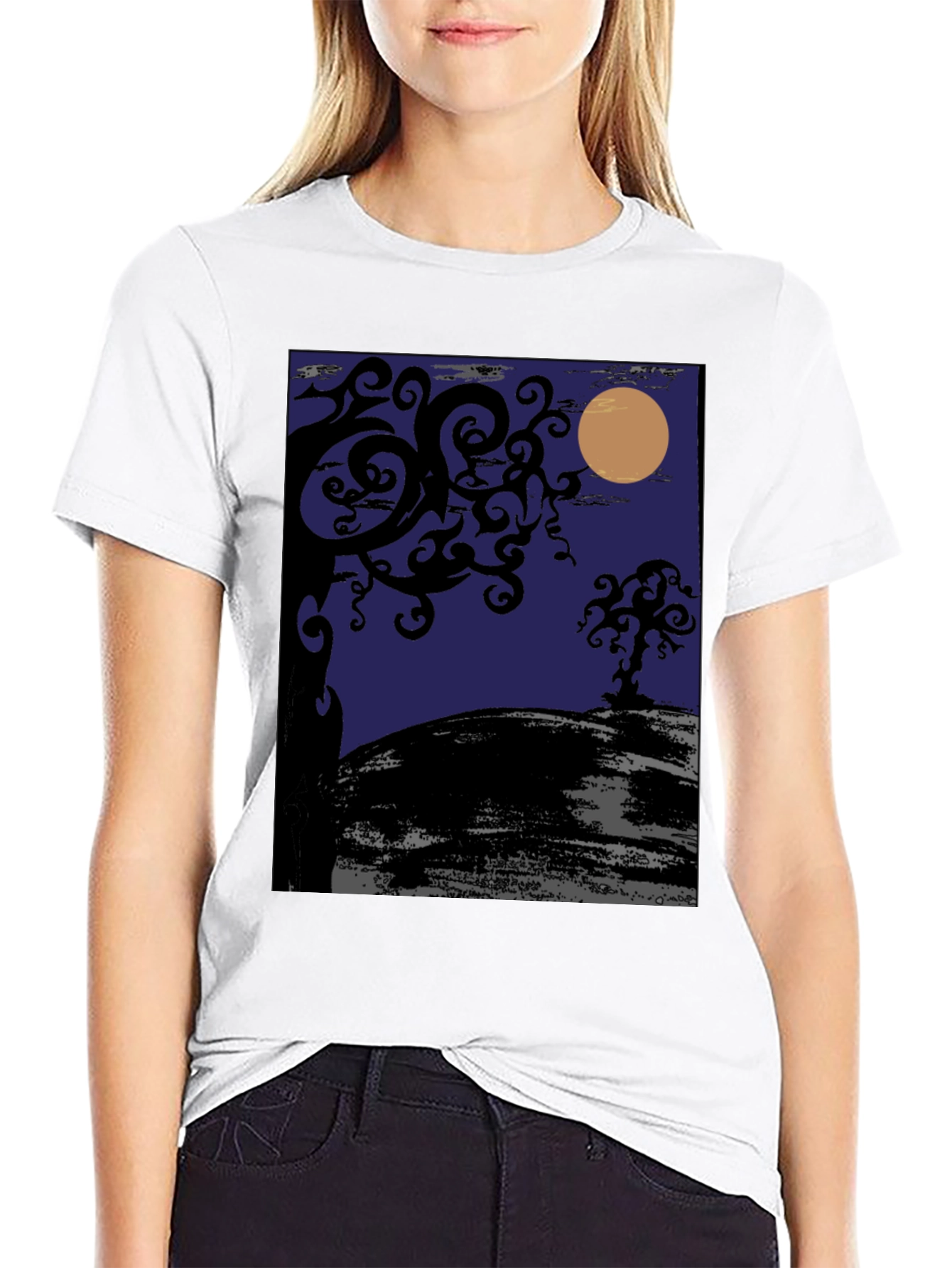 Spooky Night Tree Graphic Tee - Black Cotton