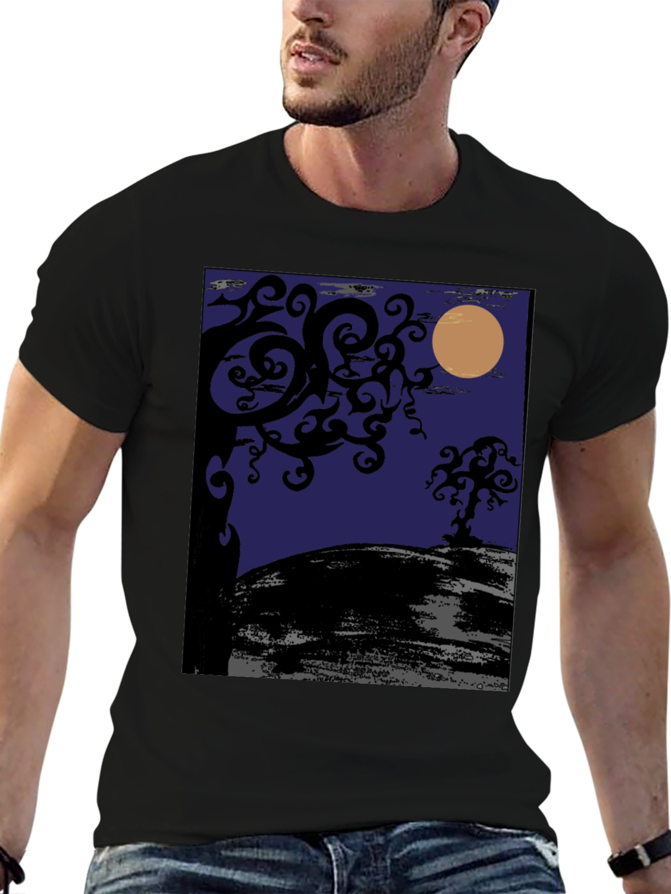 Spooky Night Tree Graphic Tee - Black Cotton