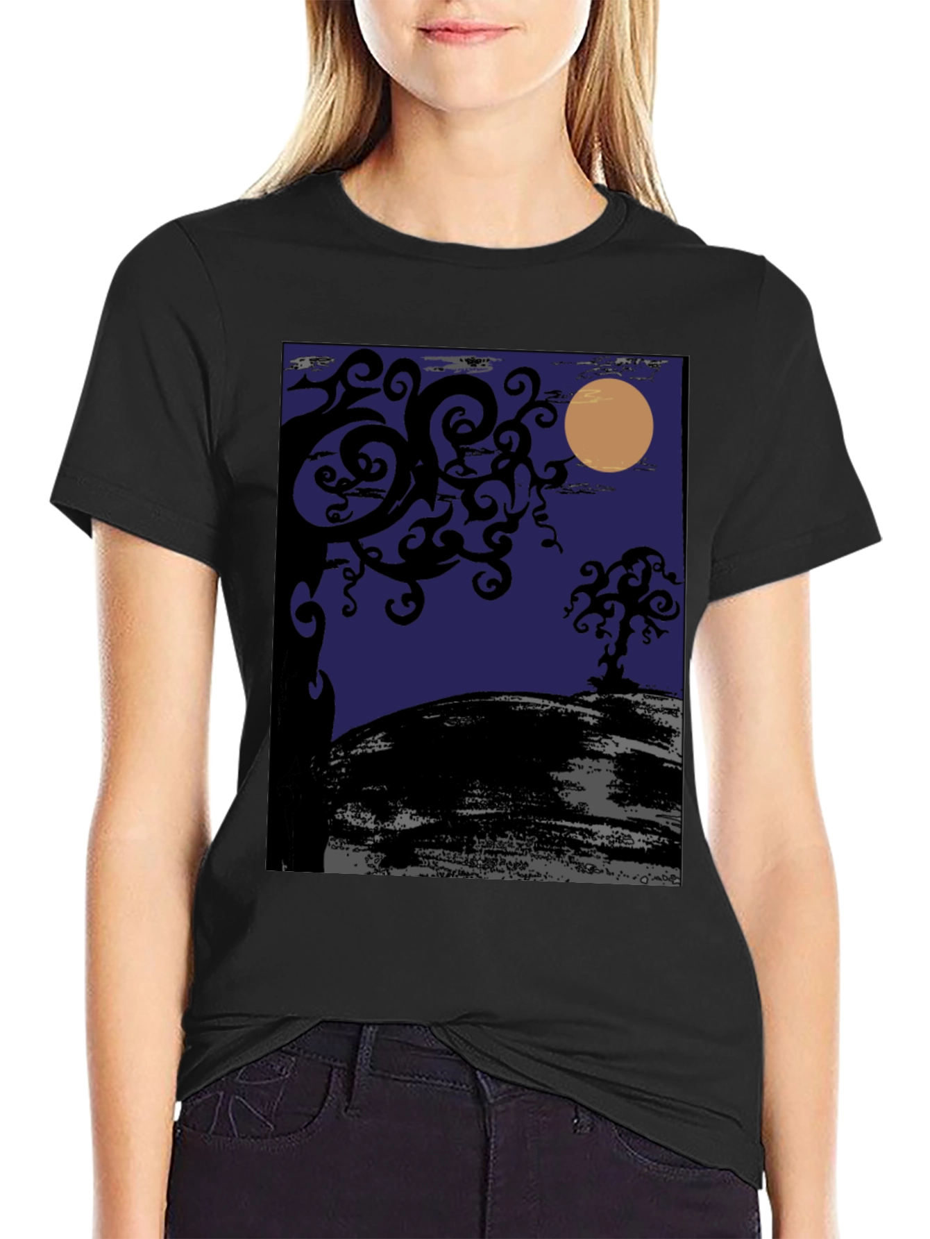 Spooky Night Tree Graphic Tee - Black Cotton