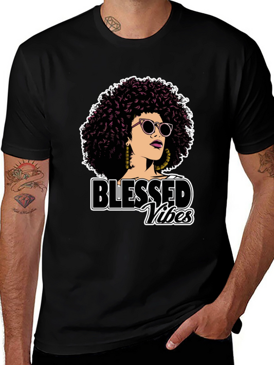 Blessed Vibes Graphic Tee - Stylish Afro Woman Design