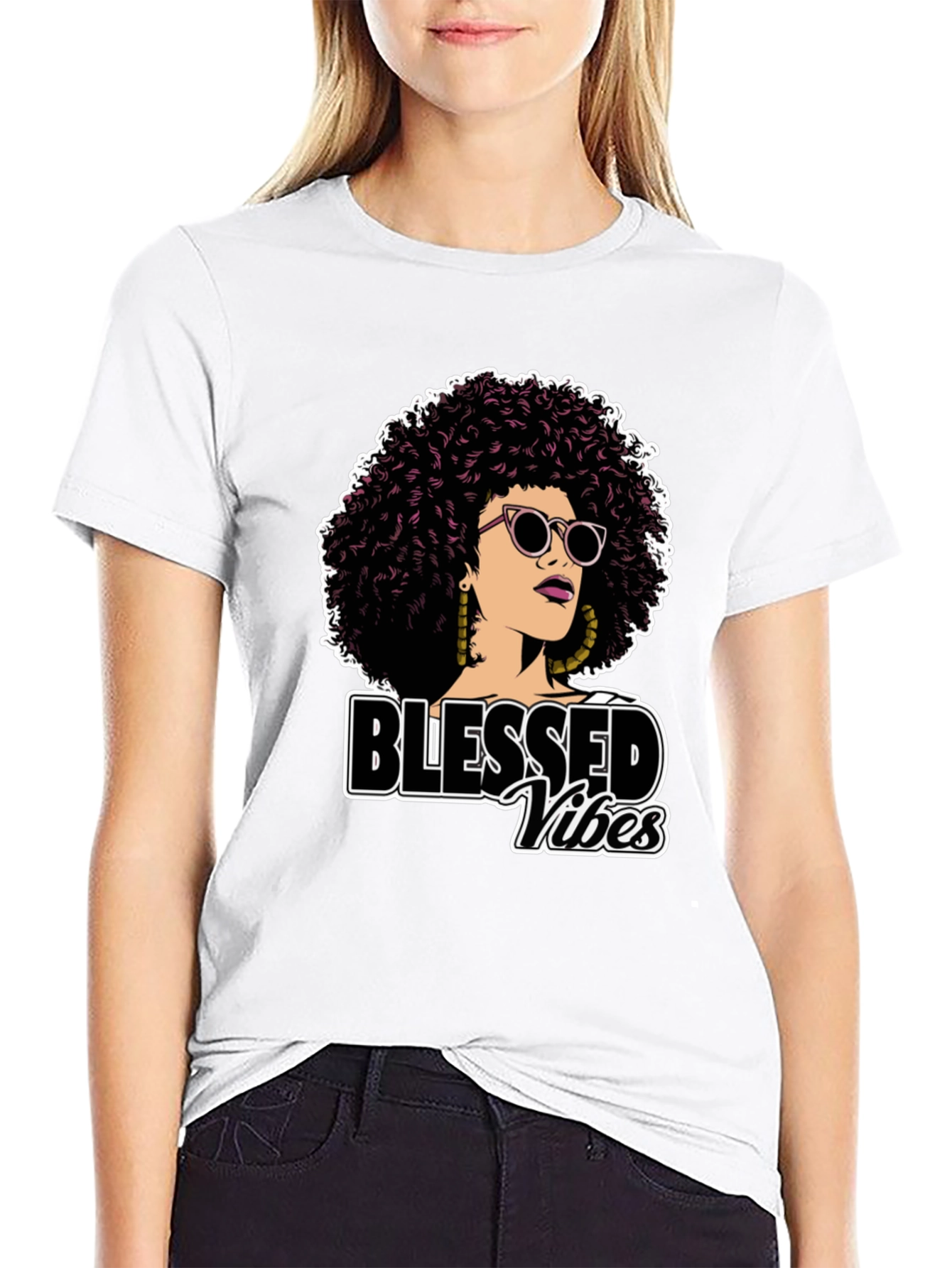 Blessed Vibes Graphic Tee - Stylish Afro Woman Design