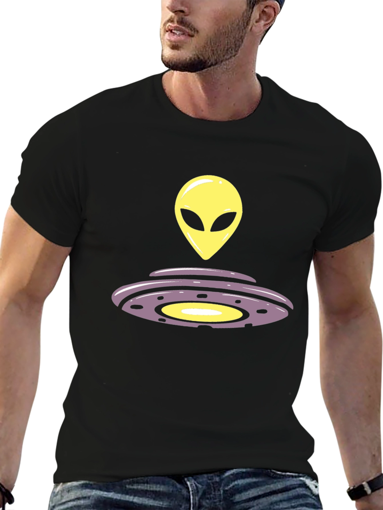 Alien UFO Graphic Tee - Black Casual T-Shirt