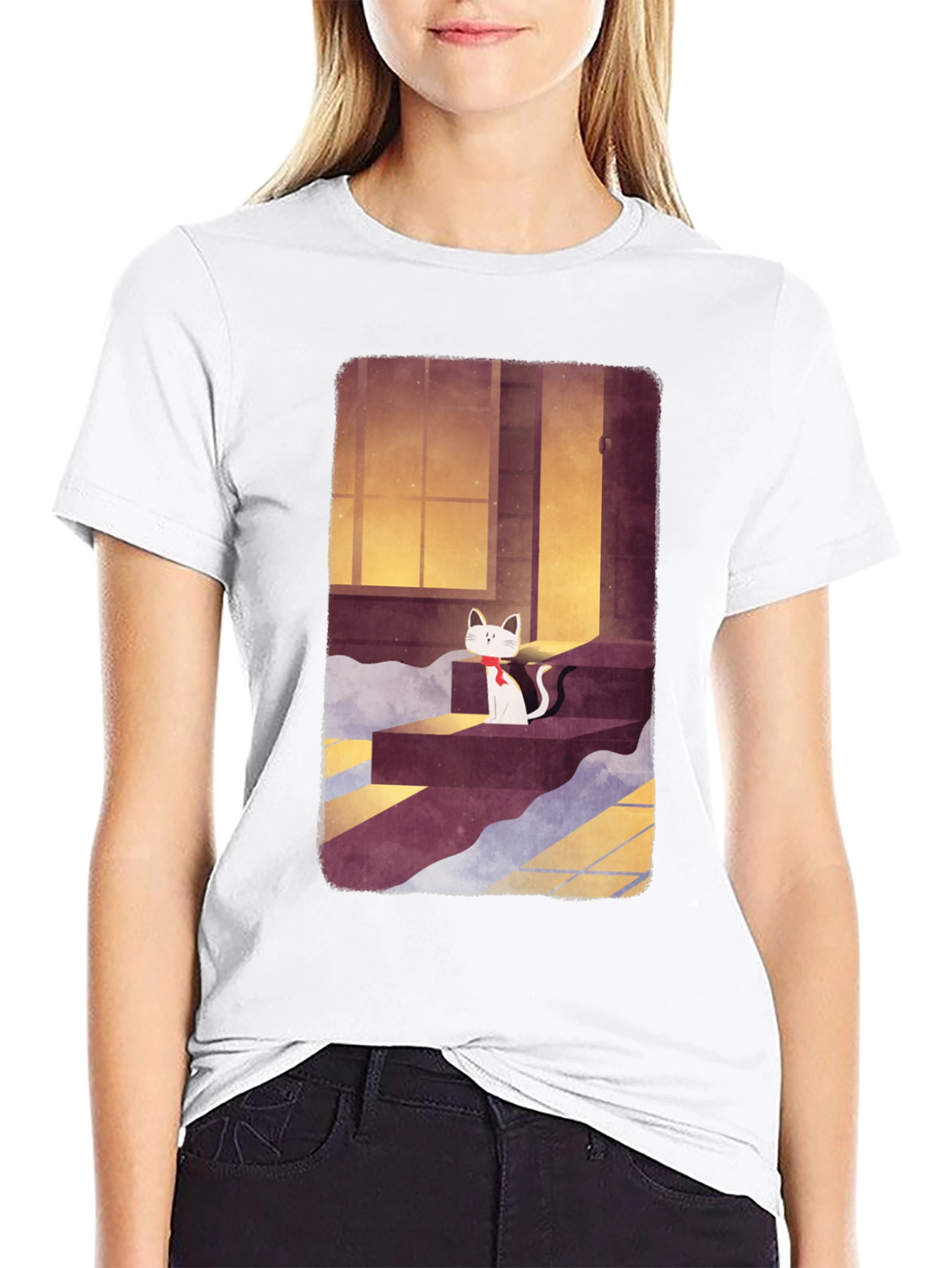 Cat on Steps Graphic Tee - Unisex Black T-Shirt