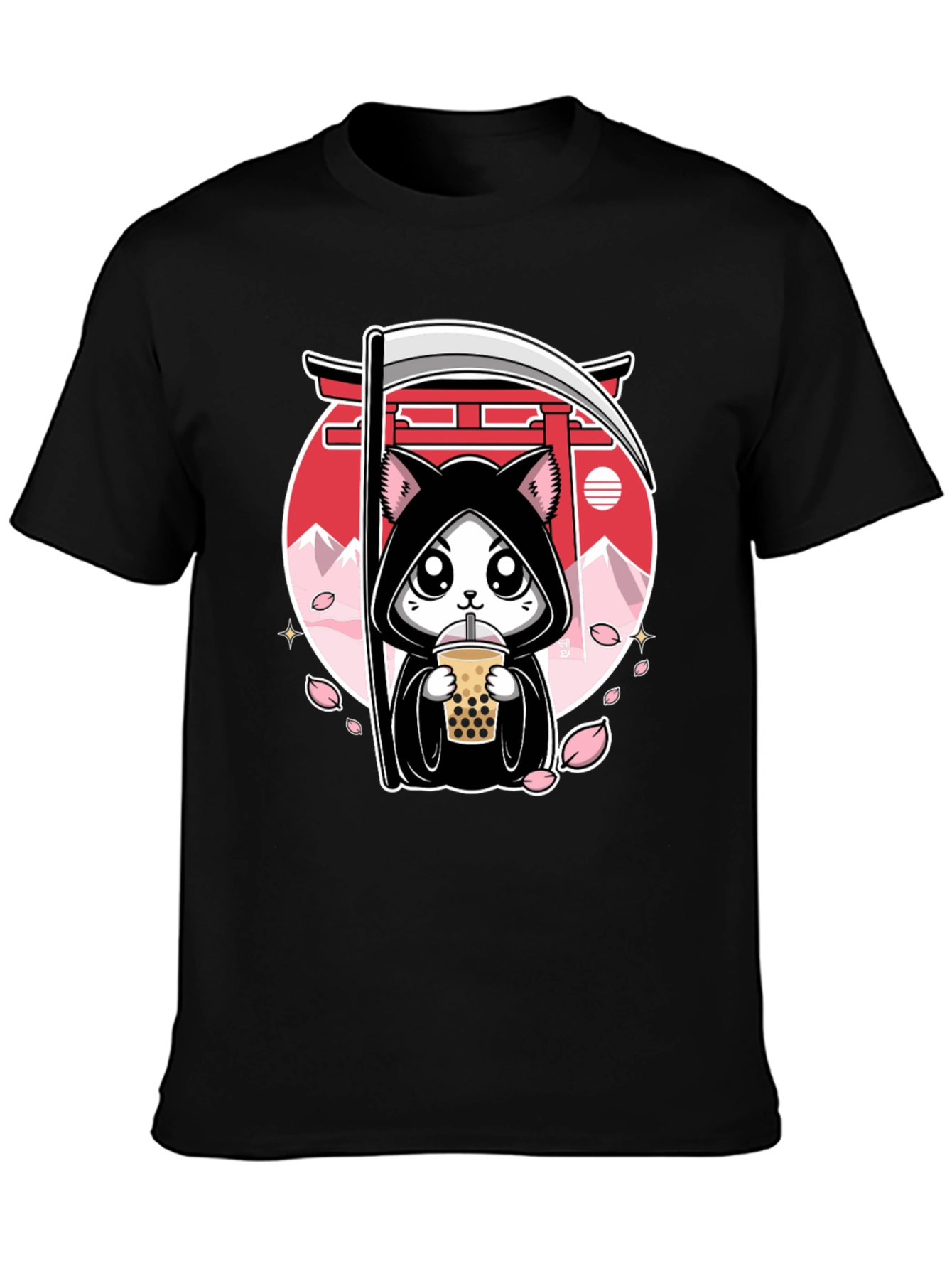 Kawaii Grim Reaper Cat Boba Tea Graphic Tee
