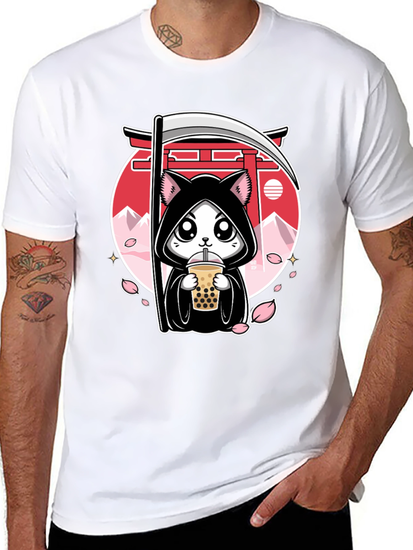 Kawaii Grim Reaper Cat Boba Tea Graphic Tee