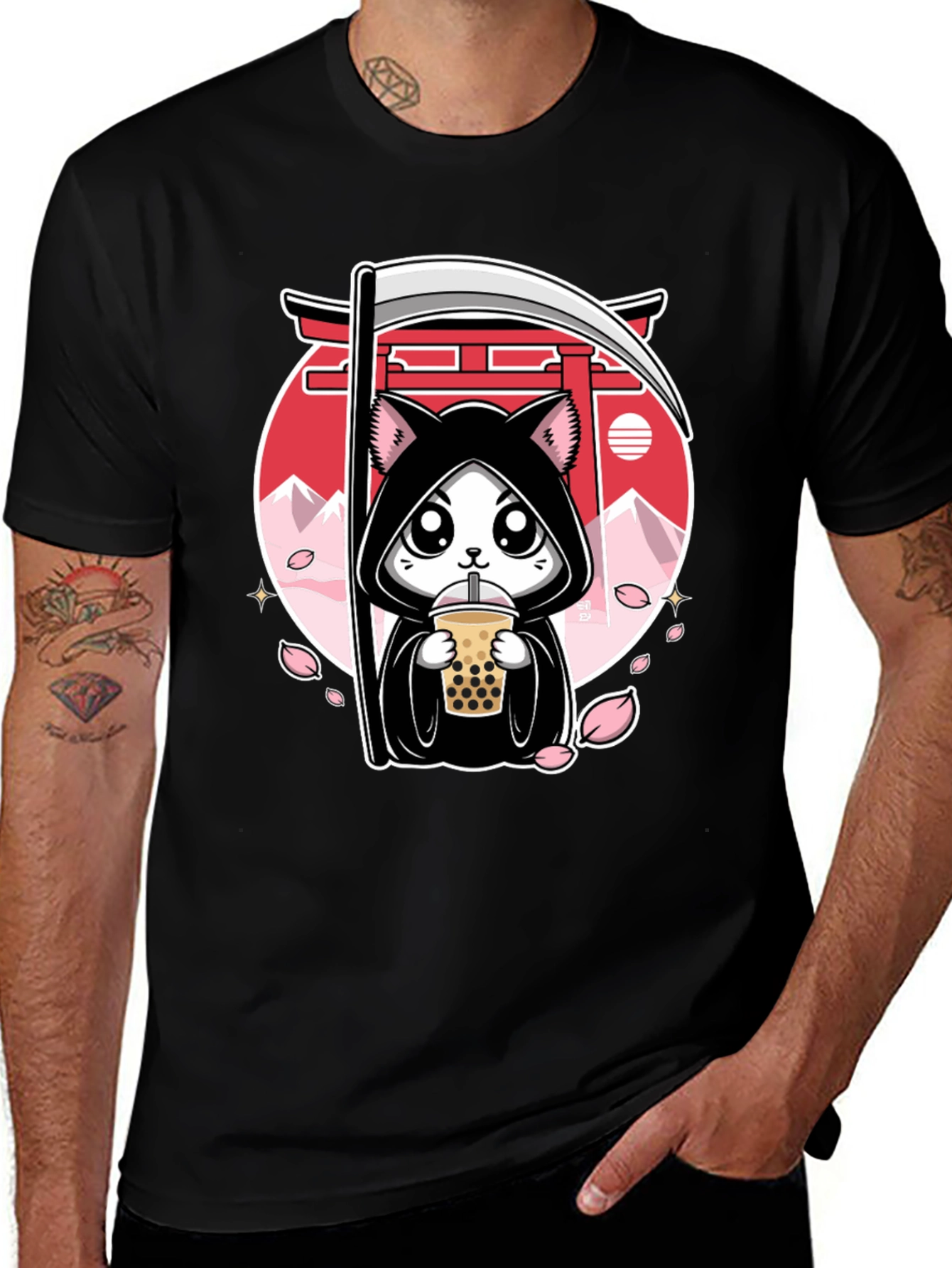 Kawaii Grim Reaper Cat Boba Tea Graphic Tee