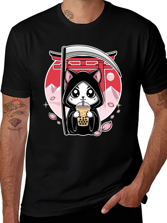Kawaii Grim Reaper Cat Boba Tea Graphic Tee