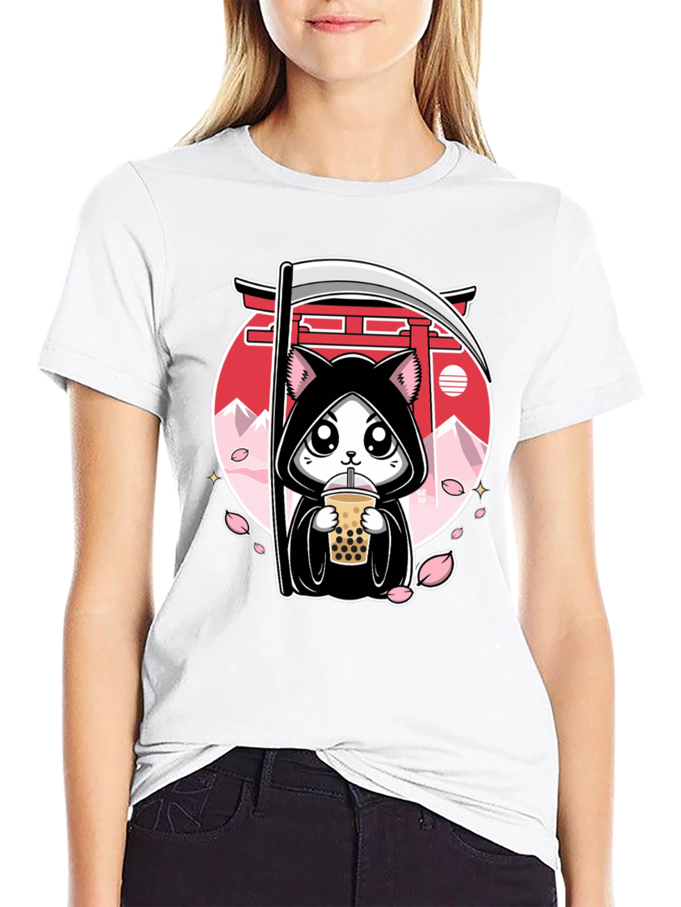 Kawaii Grim Reaper Cat Boba Tea Graphic Tee
