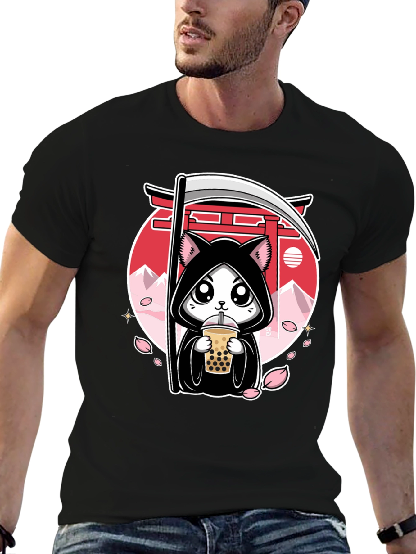 Kawaii Grim Reaper Cat Boba Tea Graphic Tee