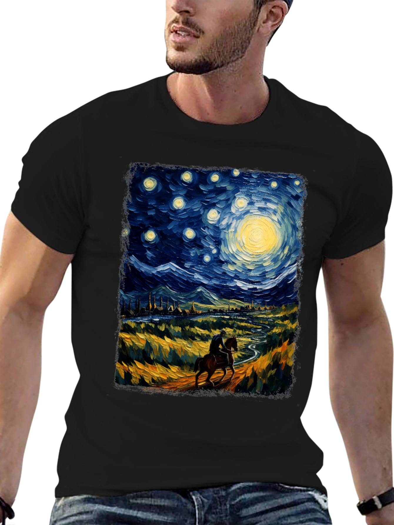 Starry Night Rider Graphic Tee - Van Gogh Inspired