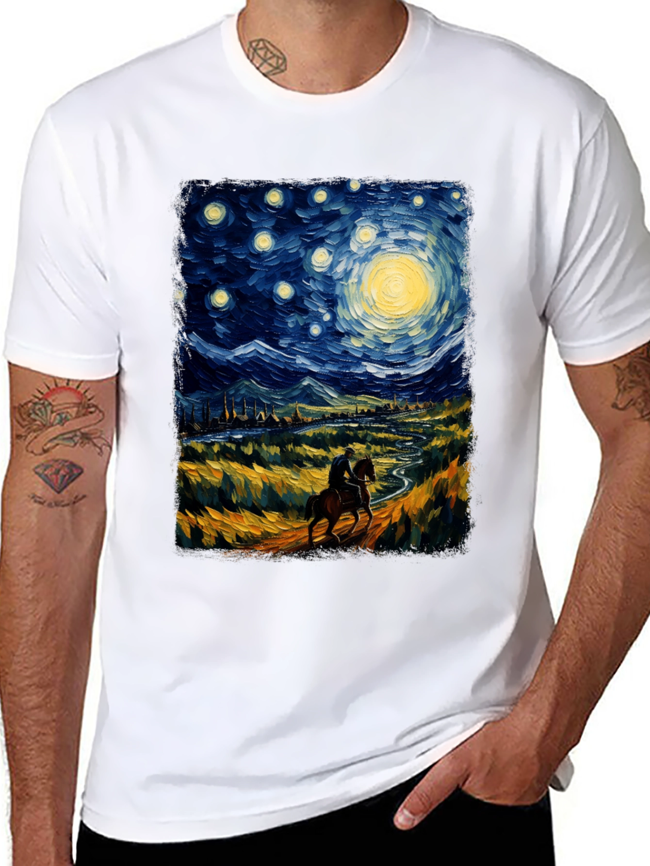 Starry Night Rider Graphic Tee - Van Gogh Inspired