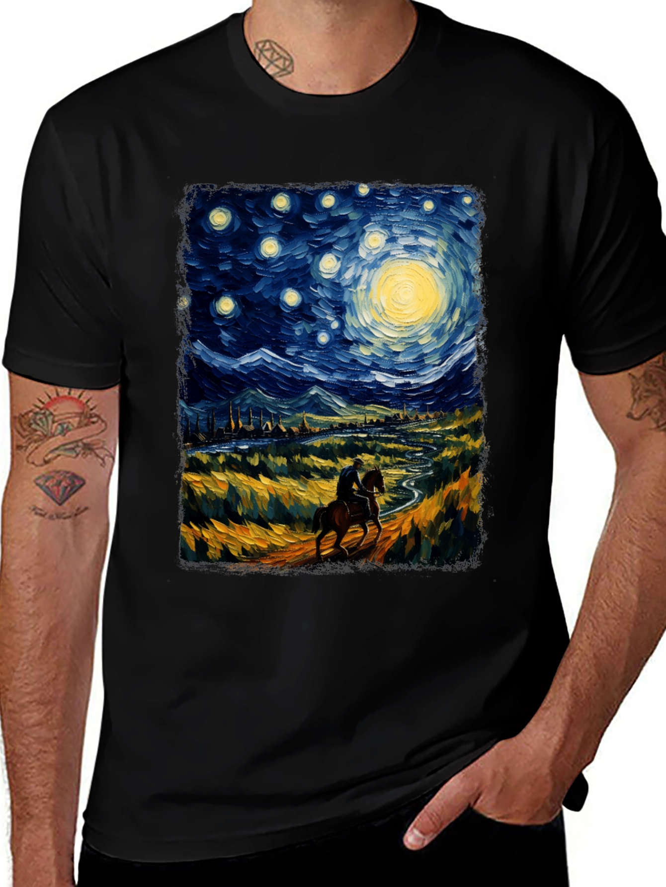 Starry Night Rider Graphic Tee - Van Gogh Inspired
