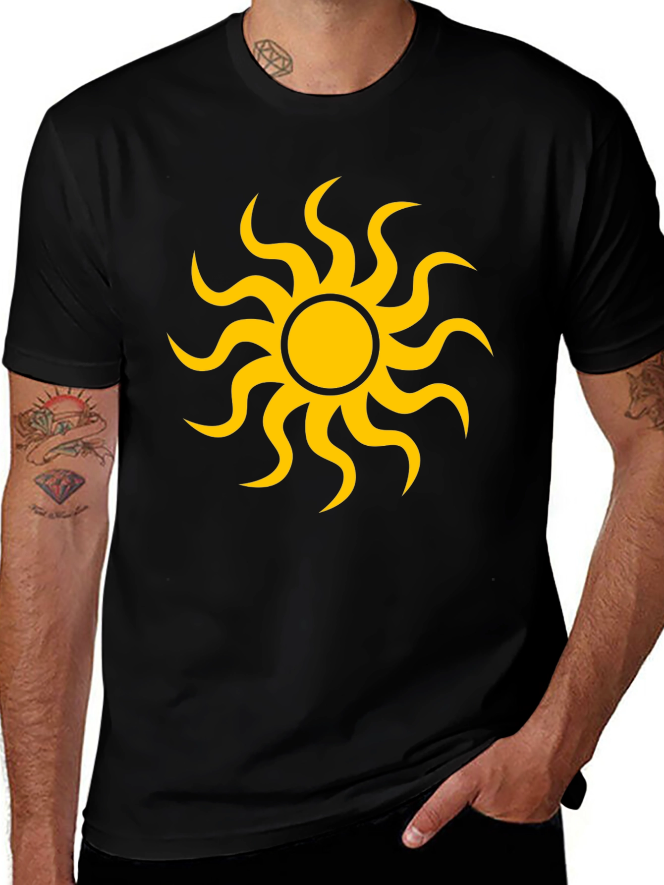 Black T-Shirt with Yellow Sun Graphic