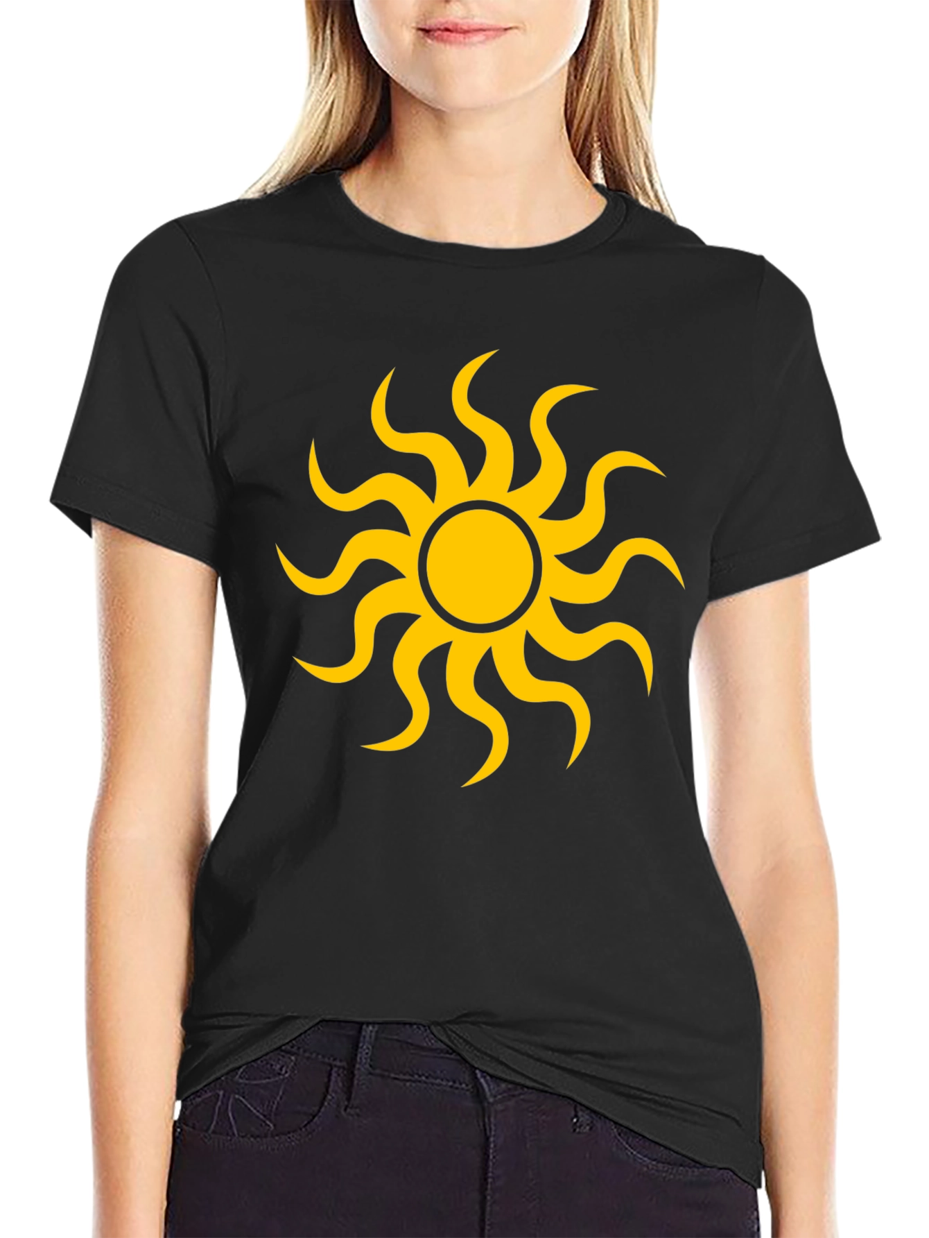 Black T-Shirt with Yellow Sun Graphic