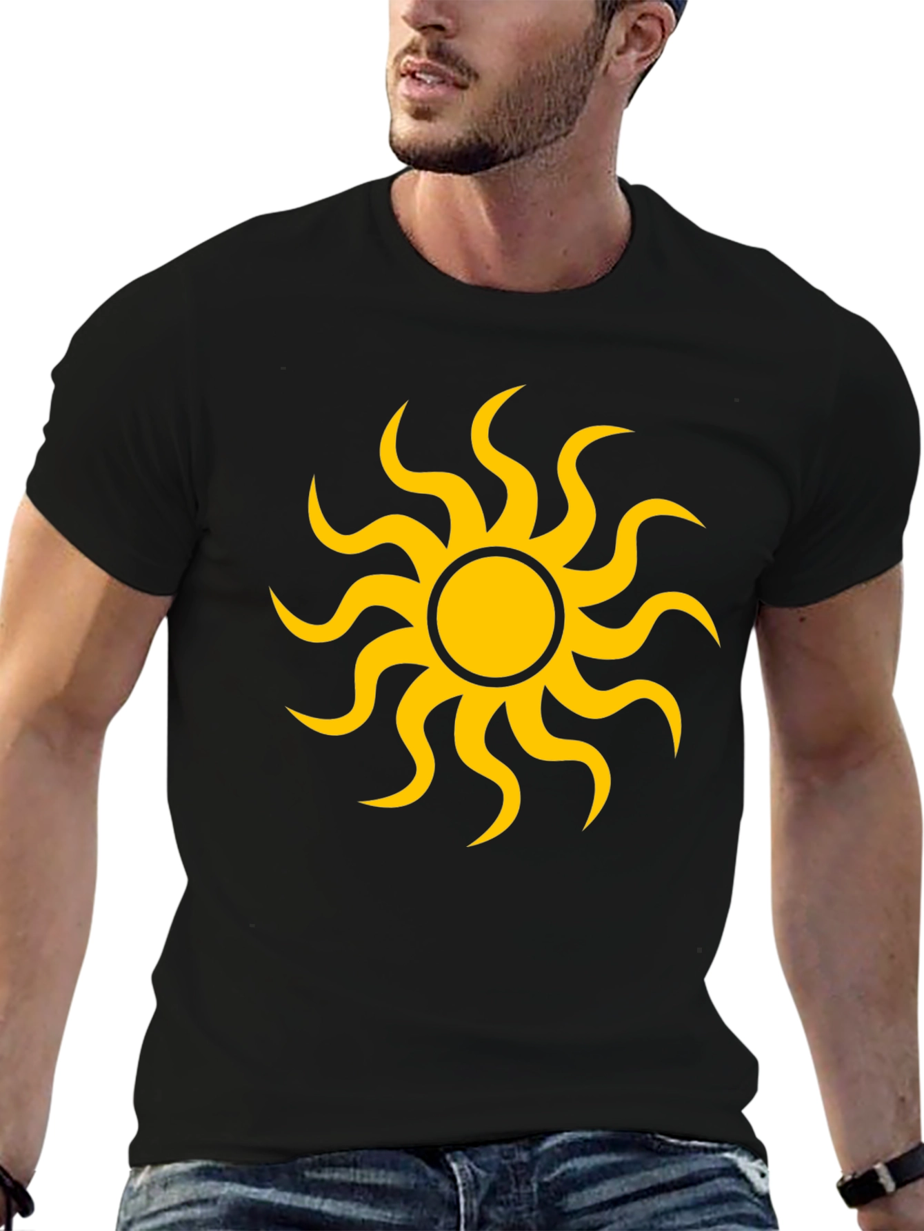 Black T-Shirt with Yellow Sun Graphic