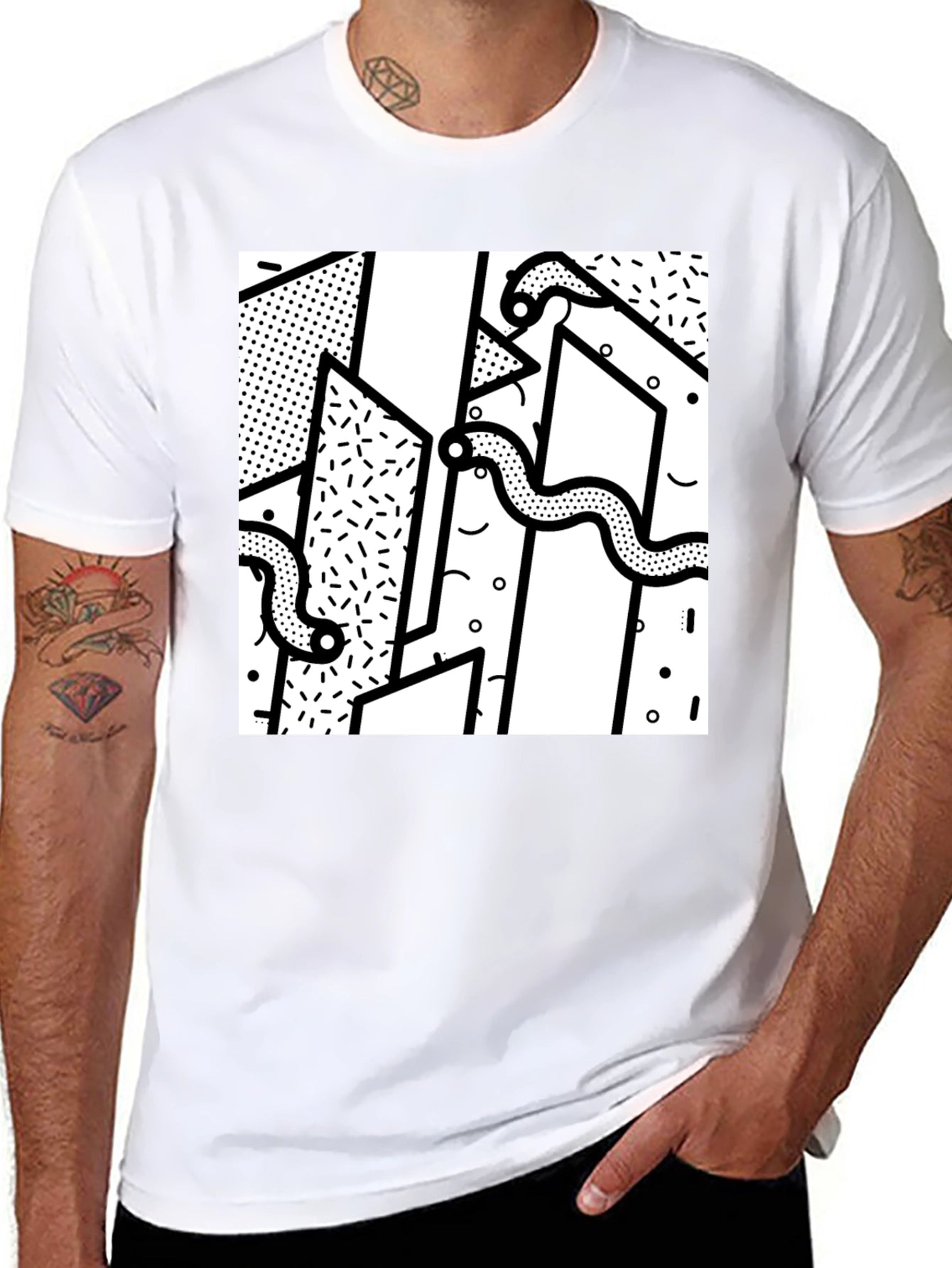 Geometric Snake Print Black T-Shirt