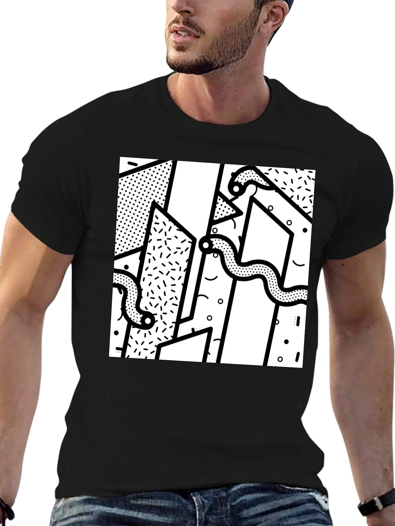 Geometric Snake Print Black T-Shirt