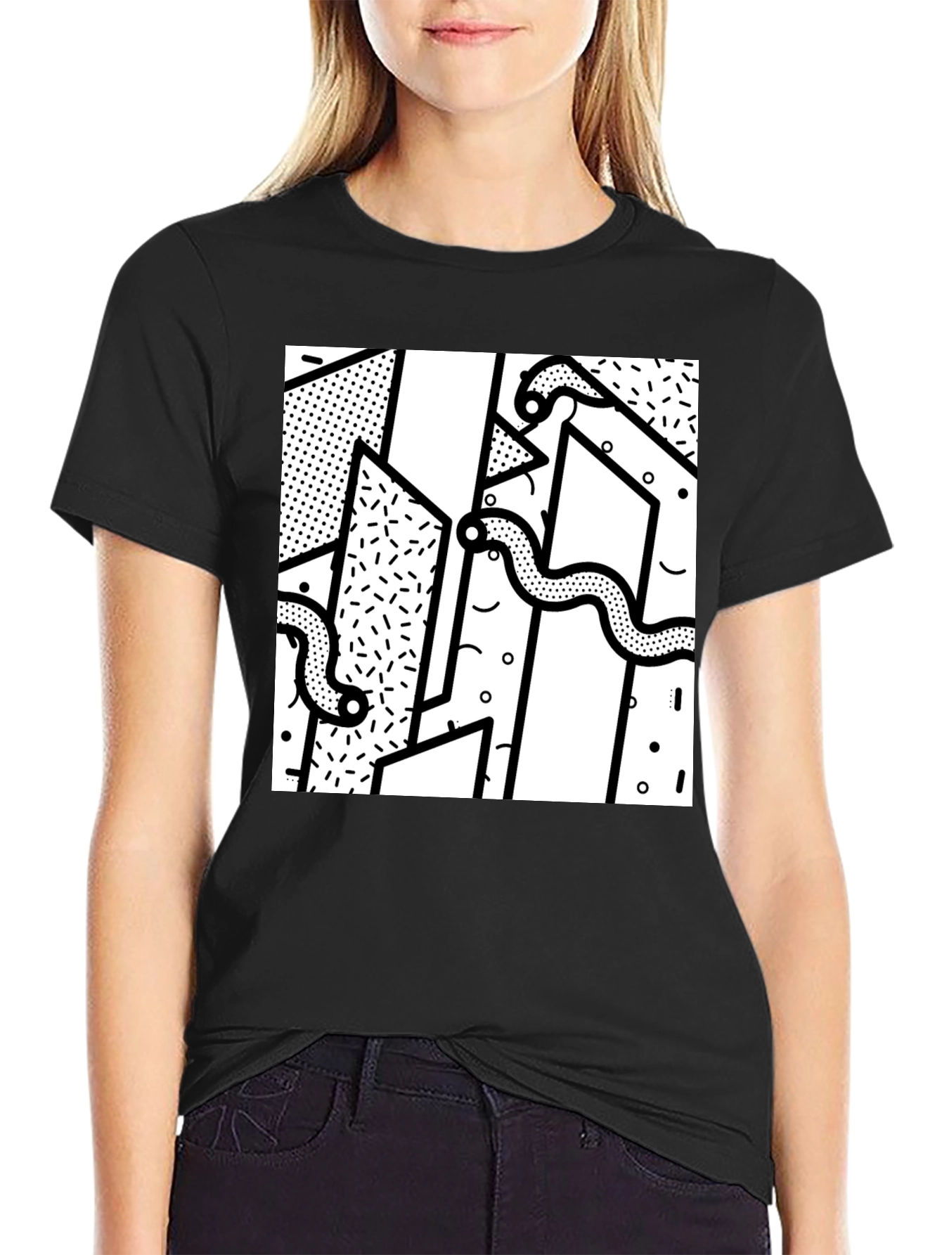 Geometric Snake Print Black T-Shirt