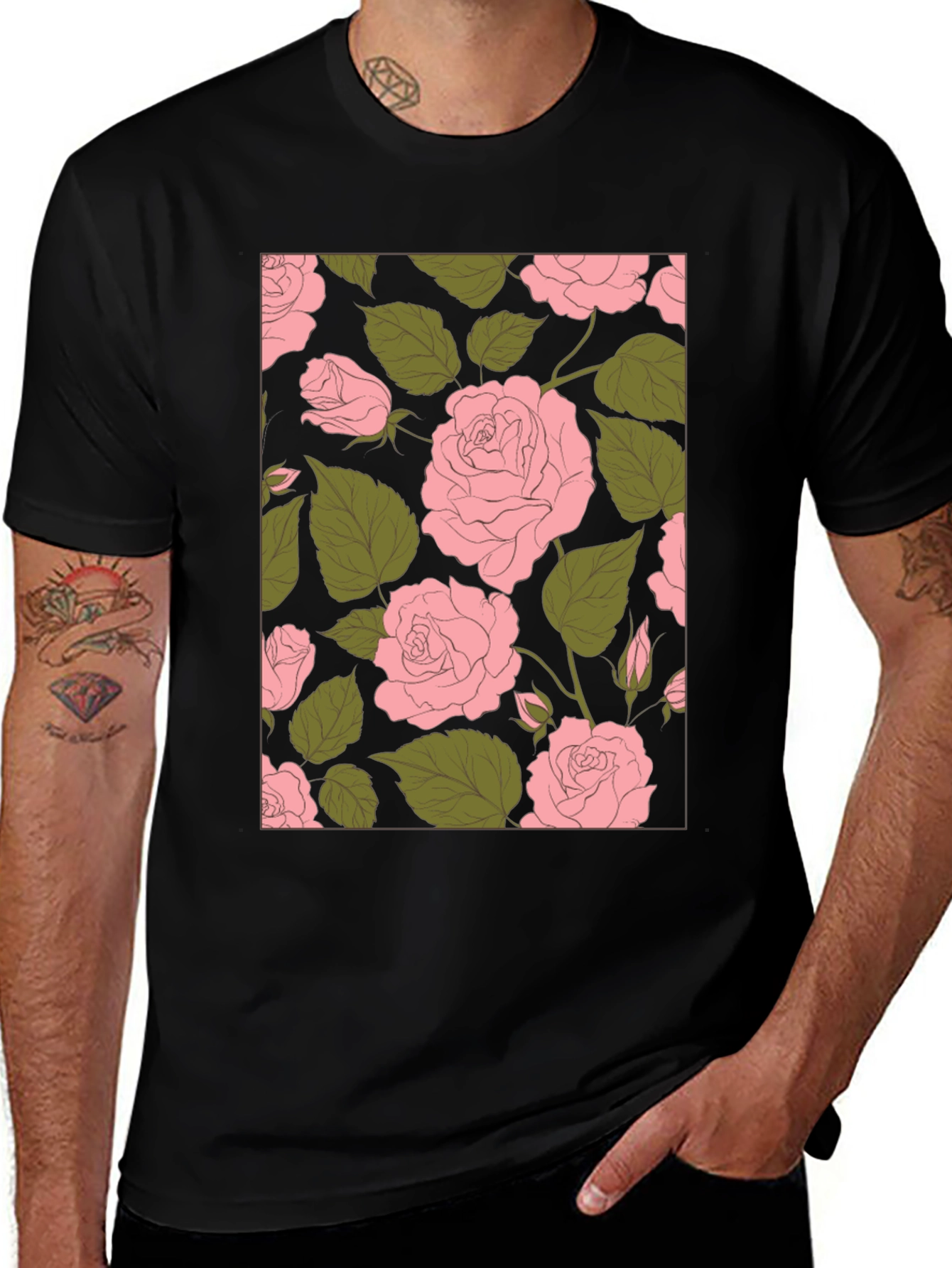 Floral Rose Print Black Tee Shirt