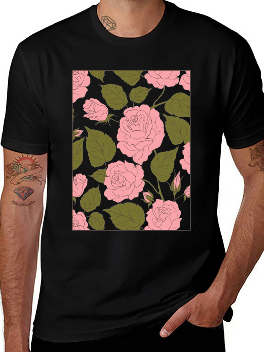 Floral Rose Print Black Tee Shirt