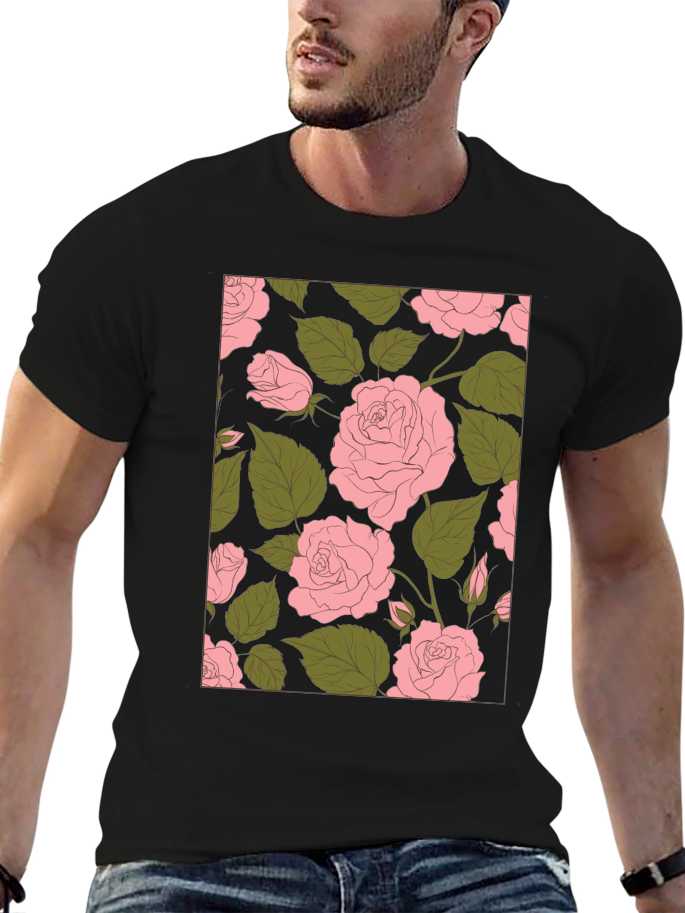 Floral Rose Print Black Tee Shirt