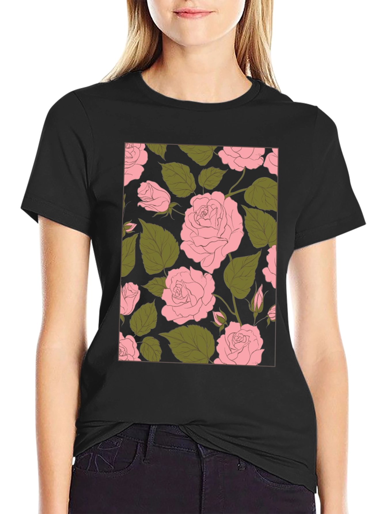 Floral Rose Print Black Tee Shirt