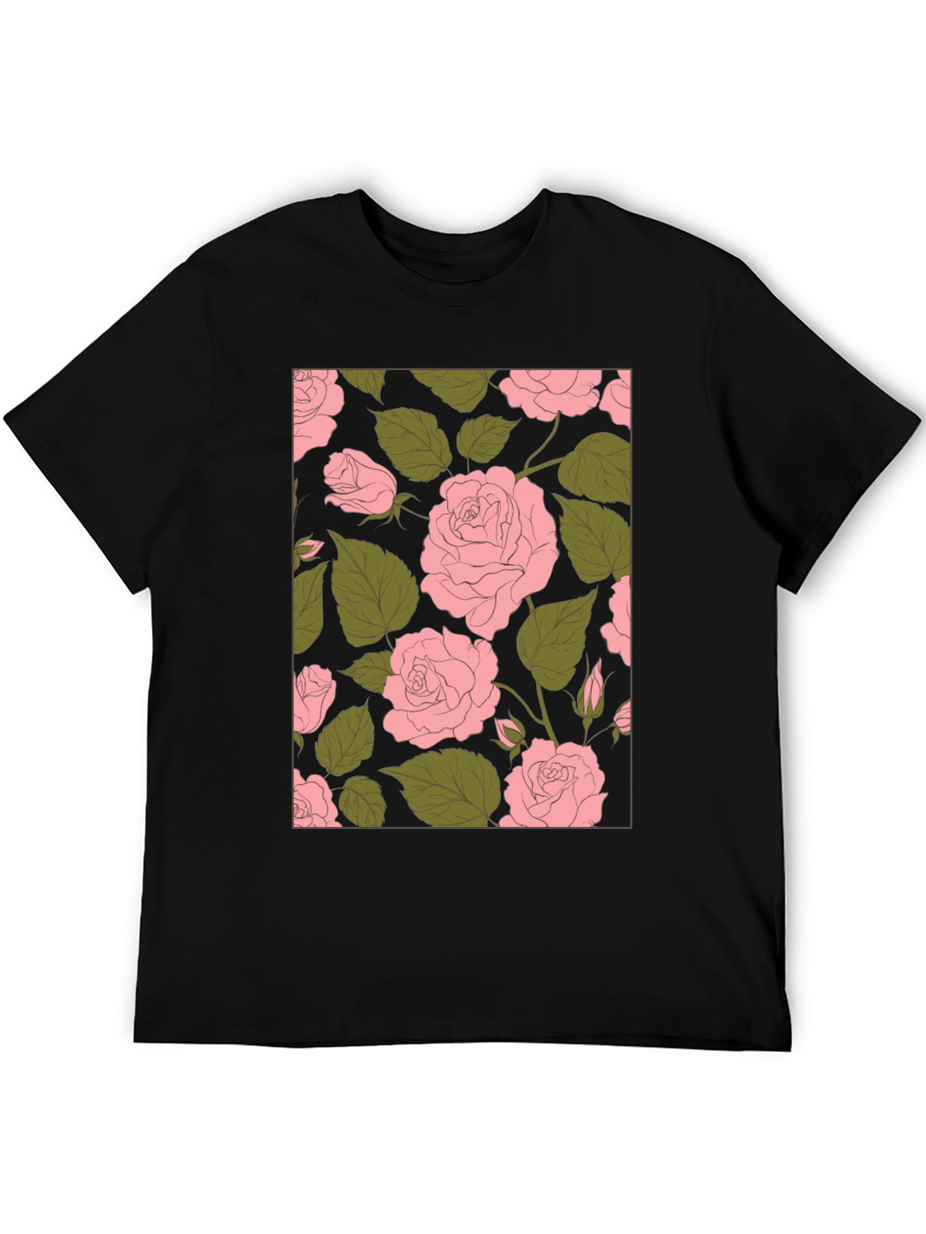 Floral Rose Print Black Tee Shirt