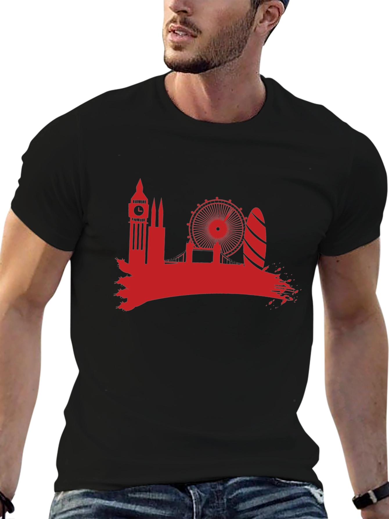 London Skyline T-Shirt - Red Silhouette on Black