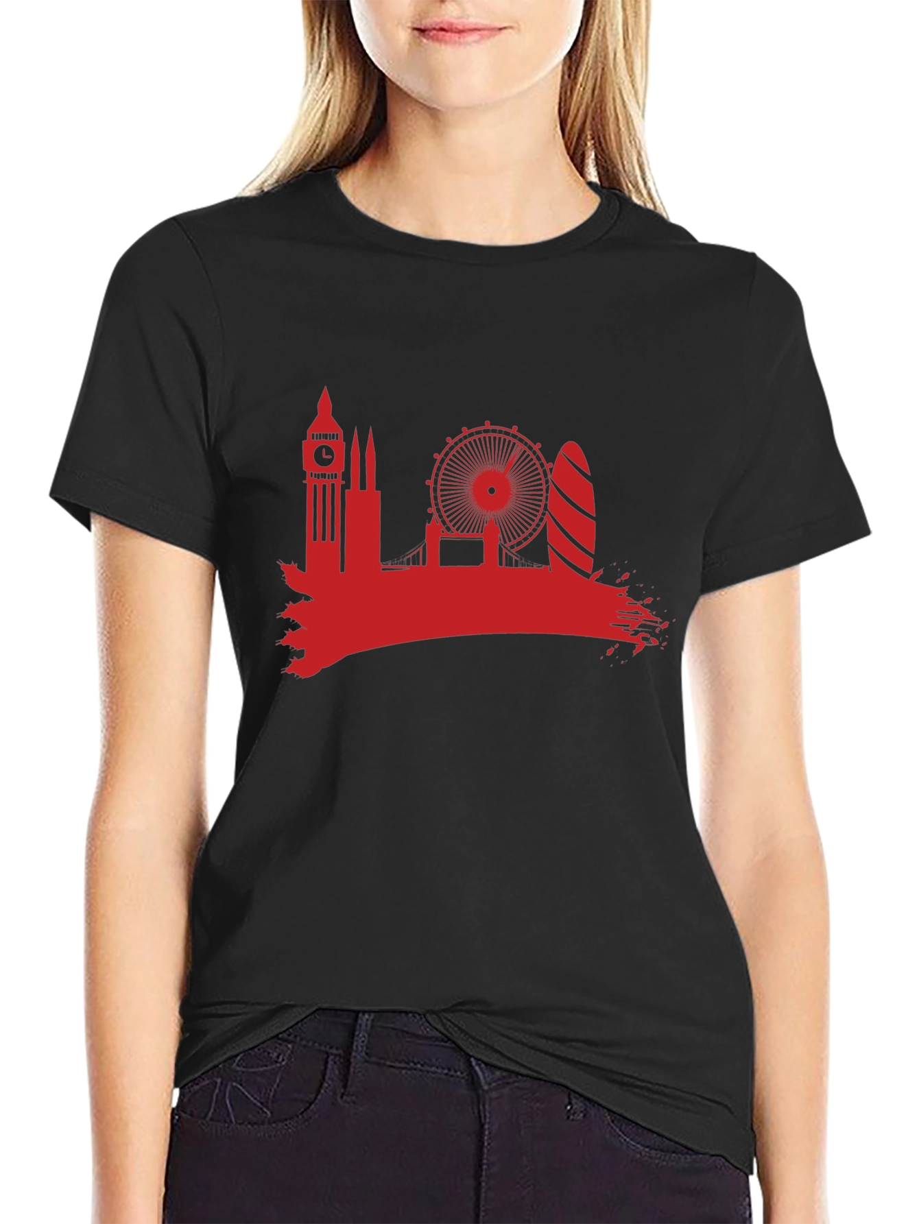 London Skyline T-Shirt - Red Silhouette on Black