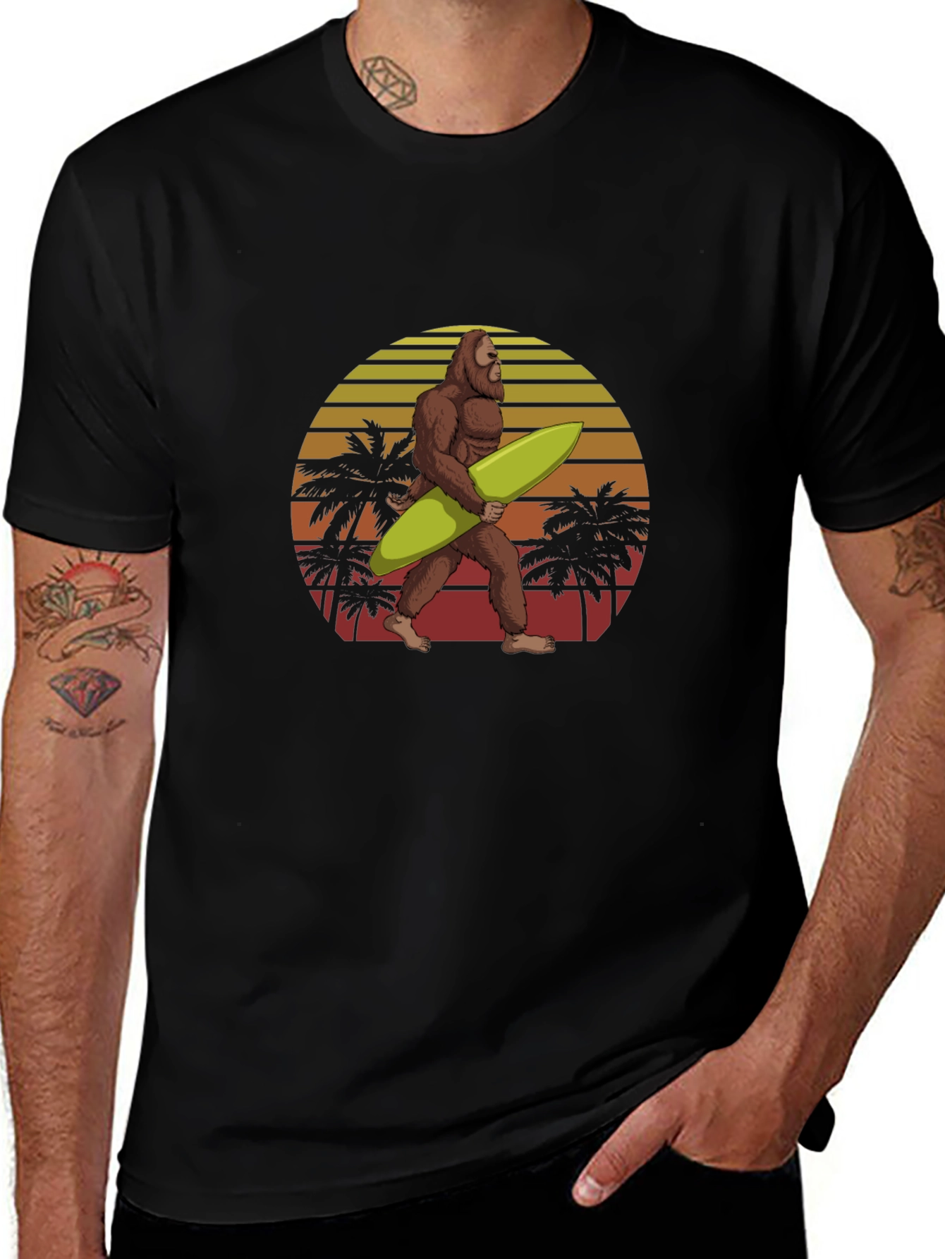 Bigfoot Surfing Sunset Graphic Tee - Black