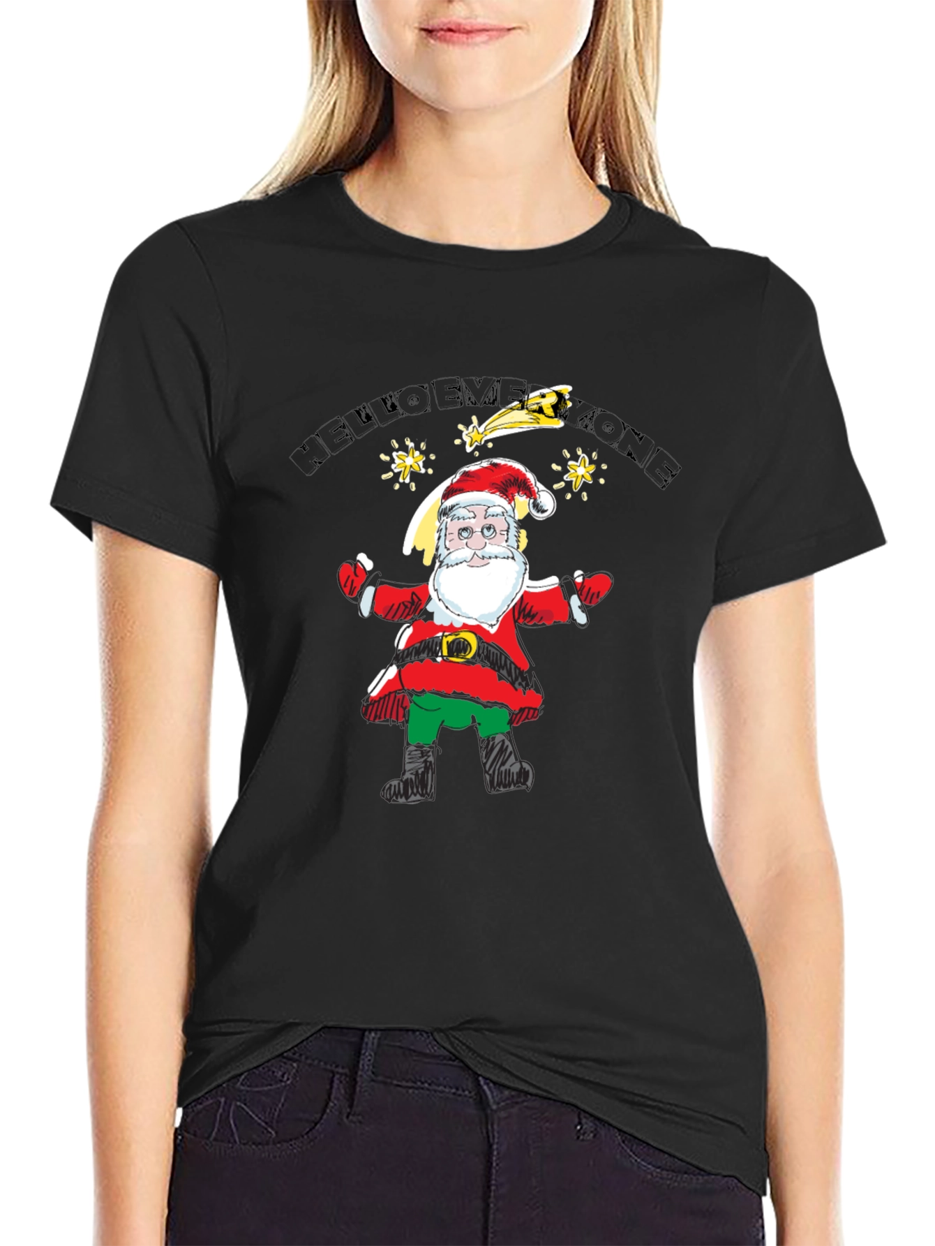 Festive Santa Graphic Black T-Shirt