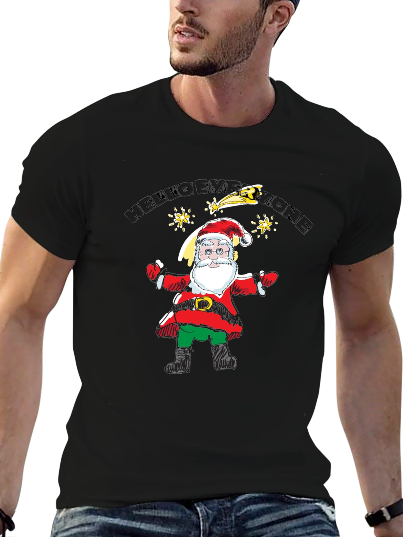 Festive Santa Graphic Black T-Shirt