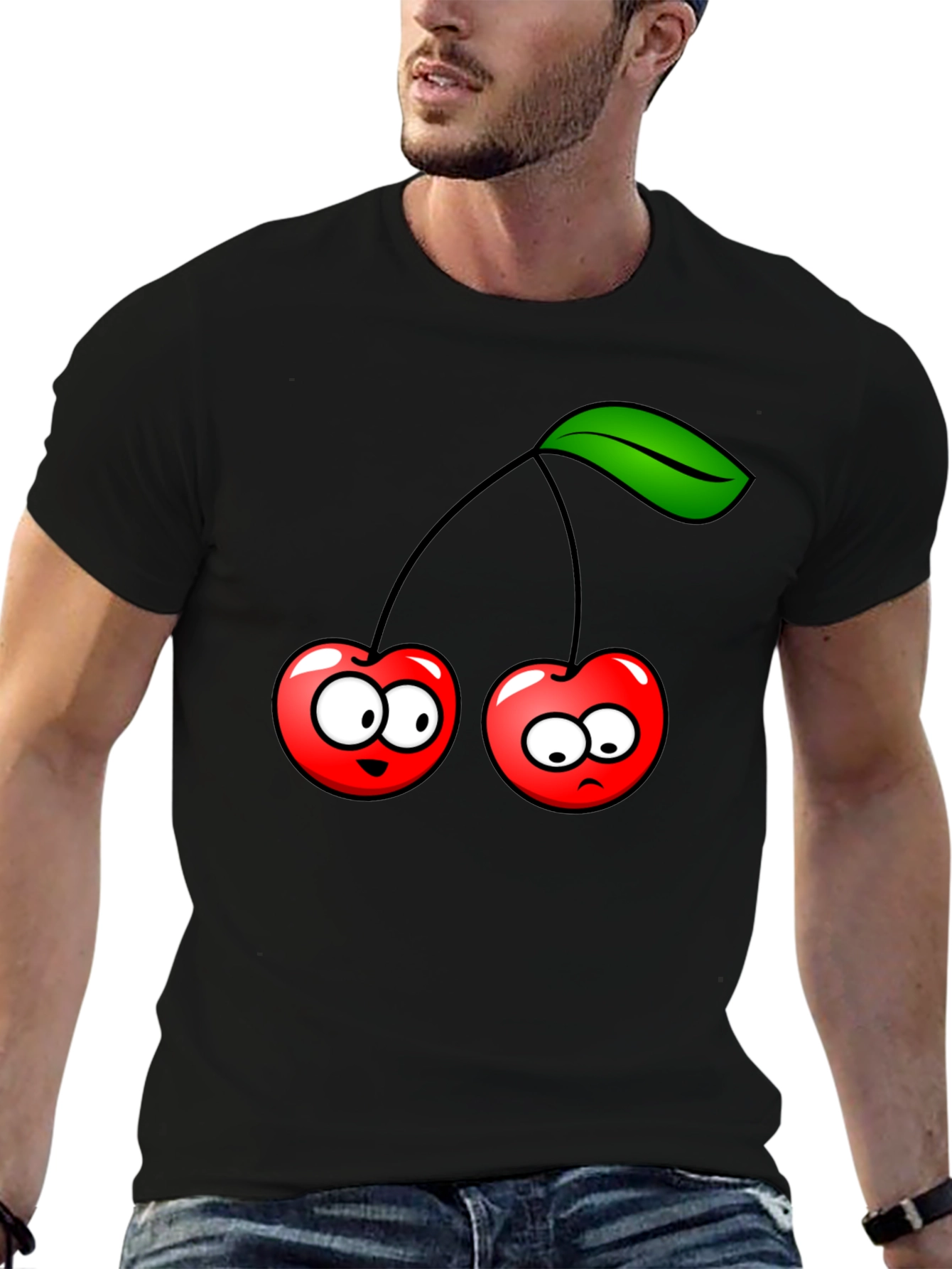 Funny Cherry Cartoon Black T-Shirt