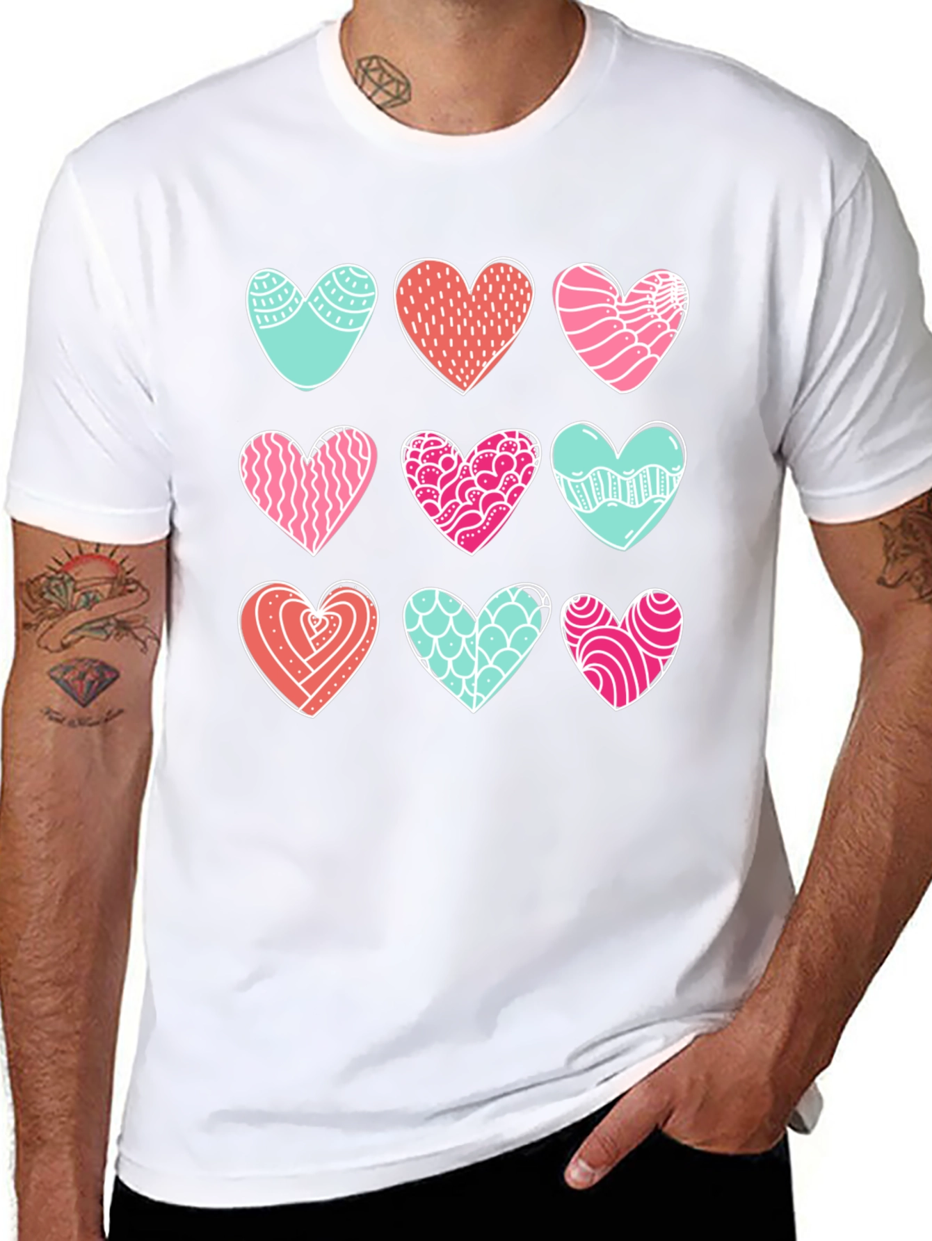 Heart Pattern Graphic Tee - Black Cotton Blend