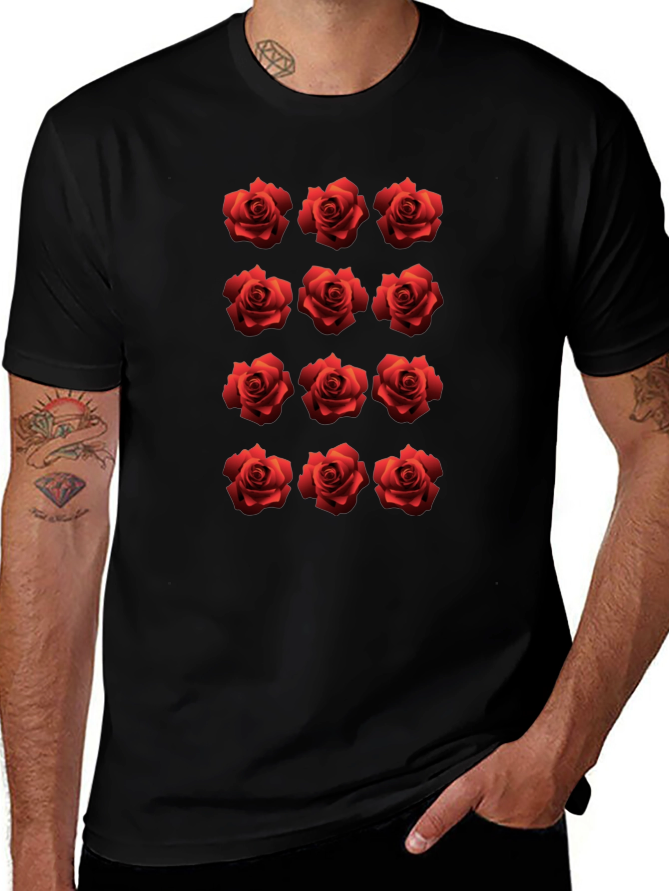 Rose Pattern Black T-Shirt