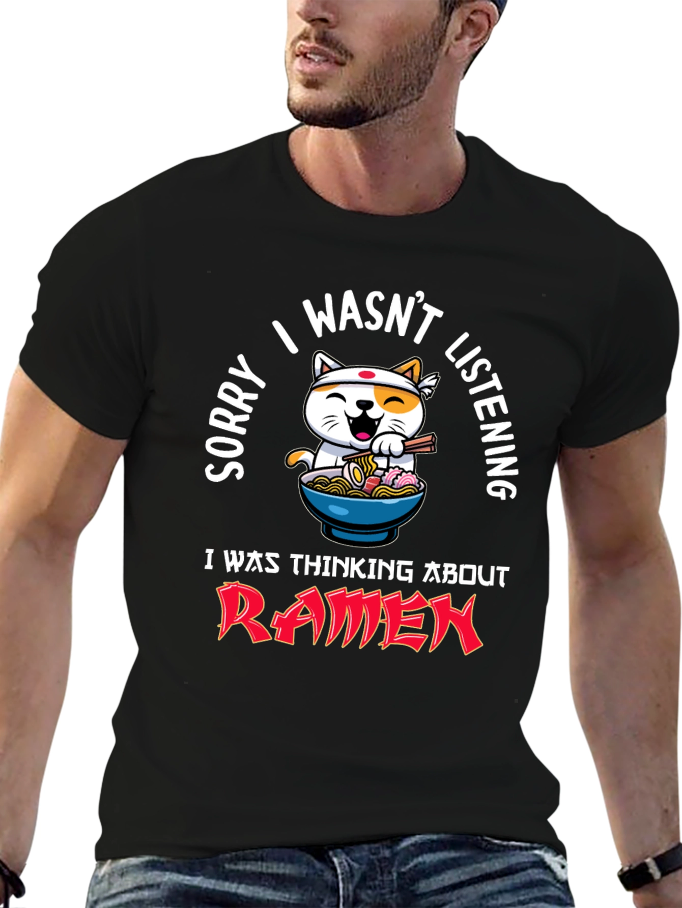 Ramen Cat Graphic Tee - Funny Mens Black T-Shirt